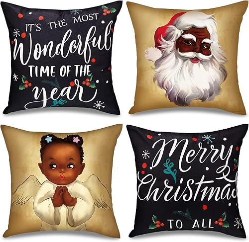 Jetec 4 fundas de almohada de Papá Noel negro de 18 x 18 pulgadas con texto en inglés "Merry Christmas", funda de cojín decorativa para interiores,