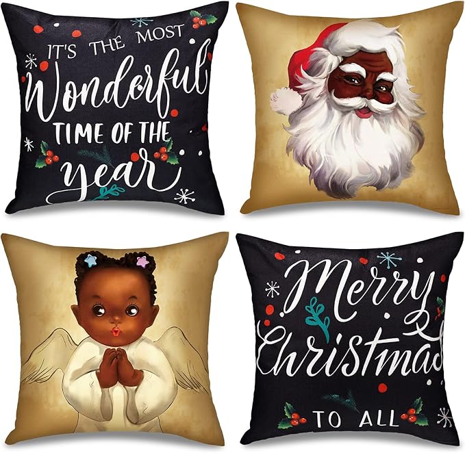 Jetec 4 Pcs Merry Christmas Black Santa Claus Throw Pillow Cover 18 x 18 Inch African American Holiday Throw Pillow Case Decorative Cushion Cover Indoor Sofa Couch Xmas Decor