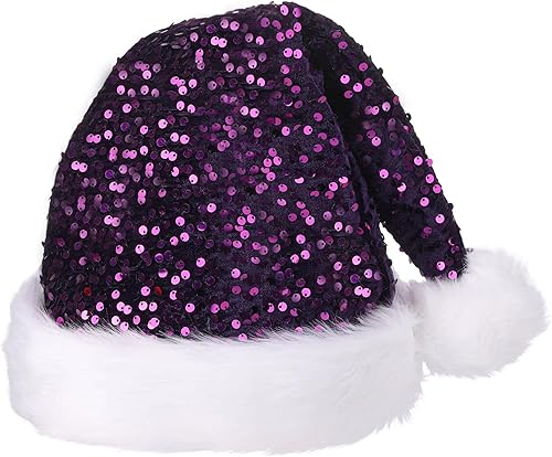 Ausejopeac Sombrero de Navidad morado para adultos, sombrero de Papá Noel con lentejuelas moradas, sombrero de Papá Noel súper suave