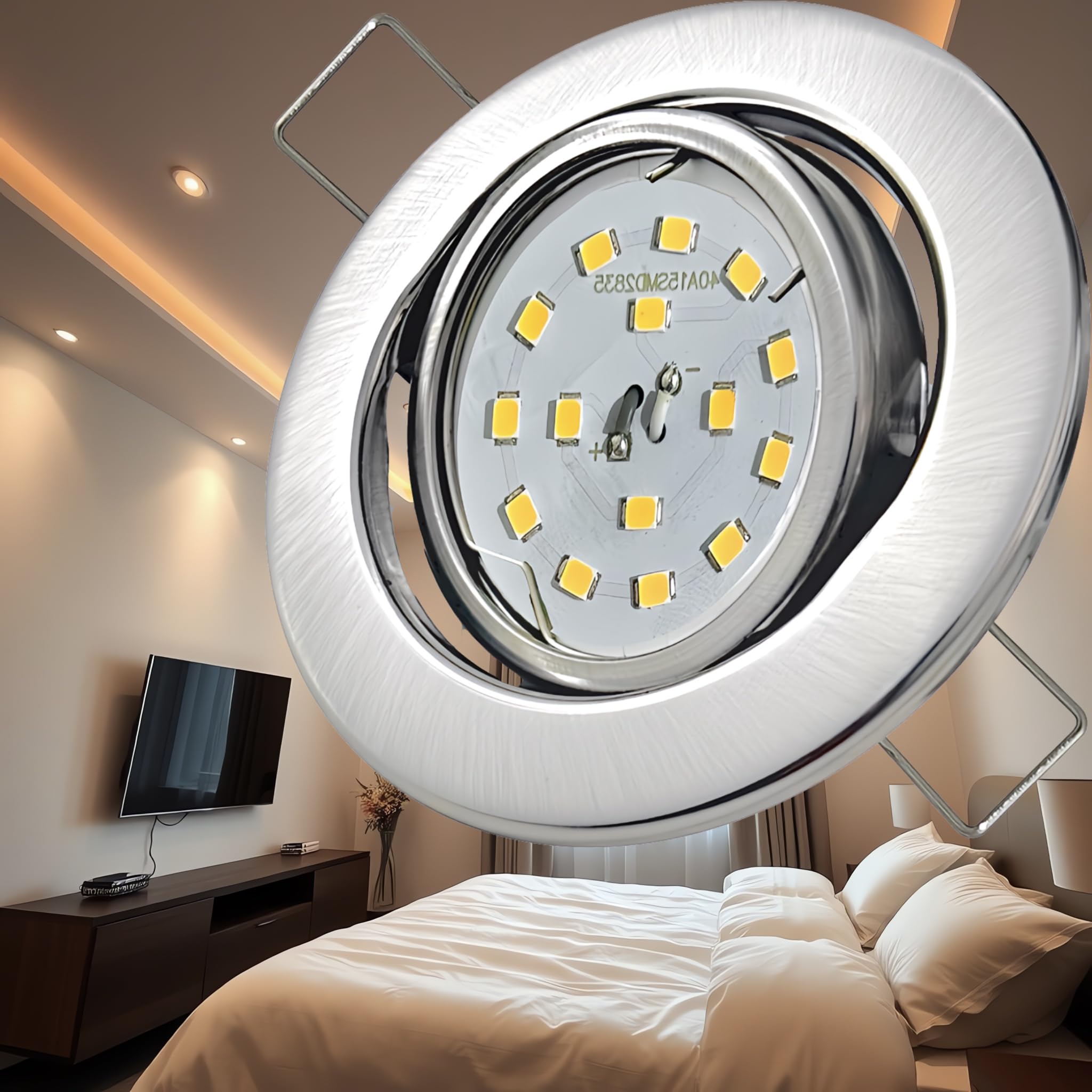 5 x SMD LED Decken Einbaustrahler, 5W, 230V, Warmweiß (3000K), 400lm, Ø=87mm, 45° schwenkbar, flach (26,5mm), Bohrloch Ø 65-75mm, Farbe Edelstahl gebürstet – ideal für Wohnräume, Küchen, Flur usw.