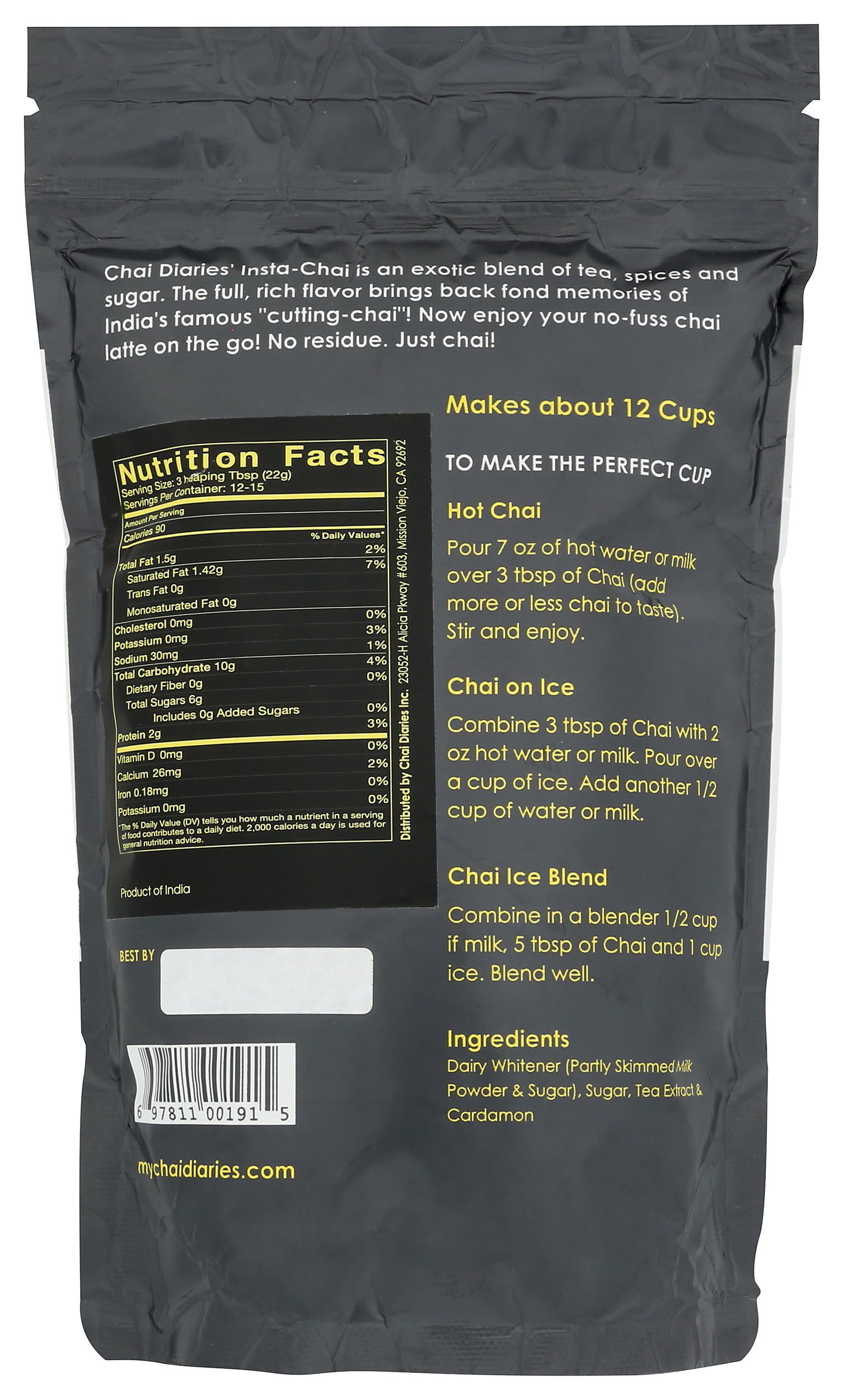 Chai Diaries, Tea Chai Instant Cardamom Authentic Premix, 35.2 Ounce thumbnail 2
