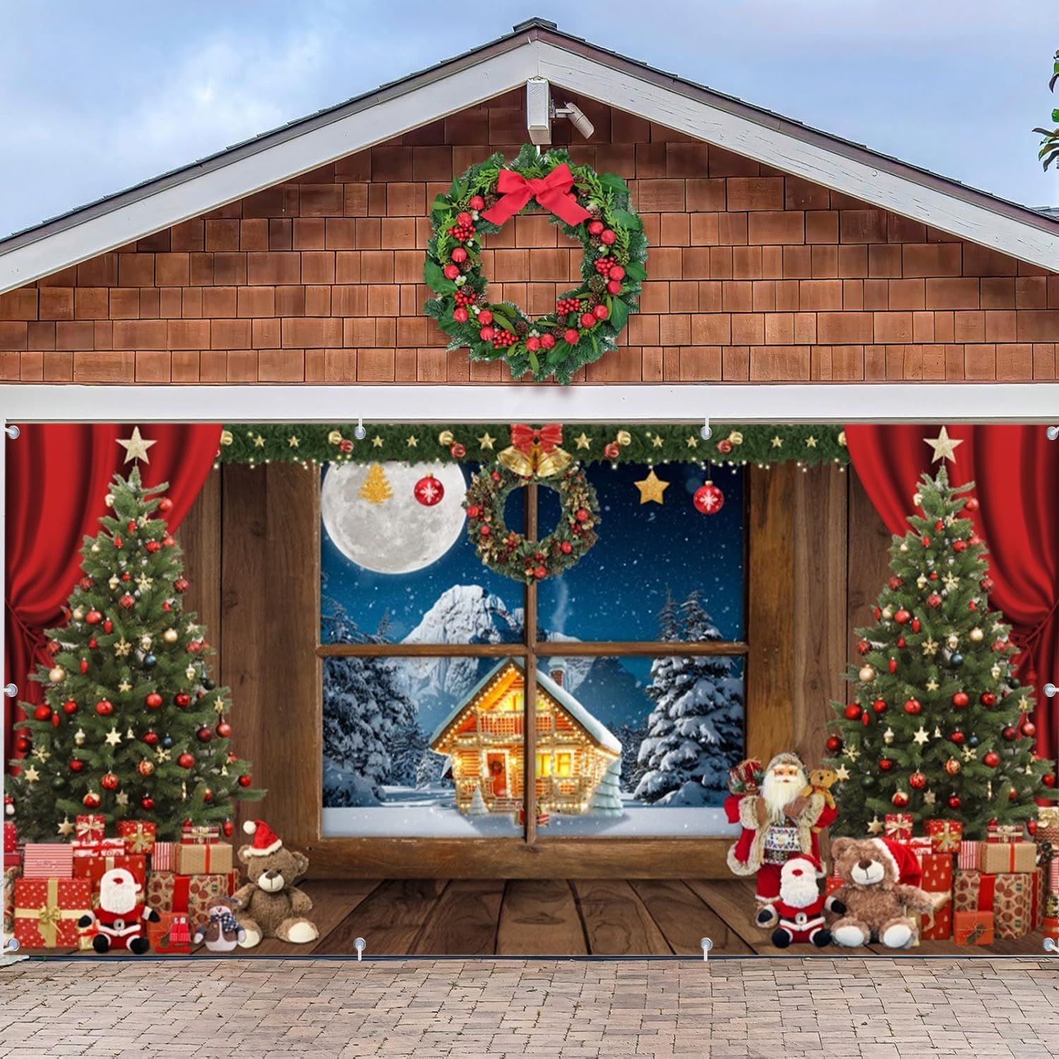 Christmas Garage Door Cover Decorations, Holiday Winter Cover, Window Xmas Tree Gifts Merry Christmas 2 Car Garage Banner Xmas Outdoor Holiday Decorations 7x16ft