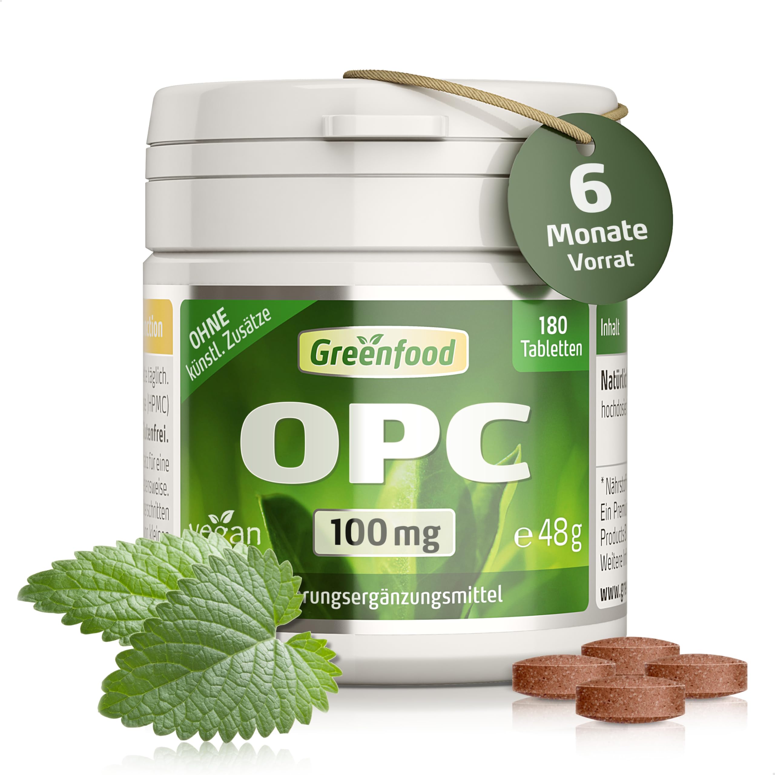 OPC (Traubenkernextrakt), hochdosiert, 100mg - 180 Tabletten, vegan. Reines, hochdosiertes OPC - der Super Antioxidant. OHNE künstliche Zusätze - laborgeprüft. Von Greenfood.