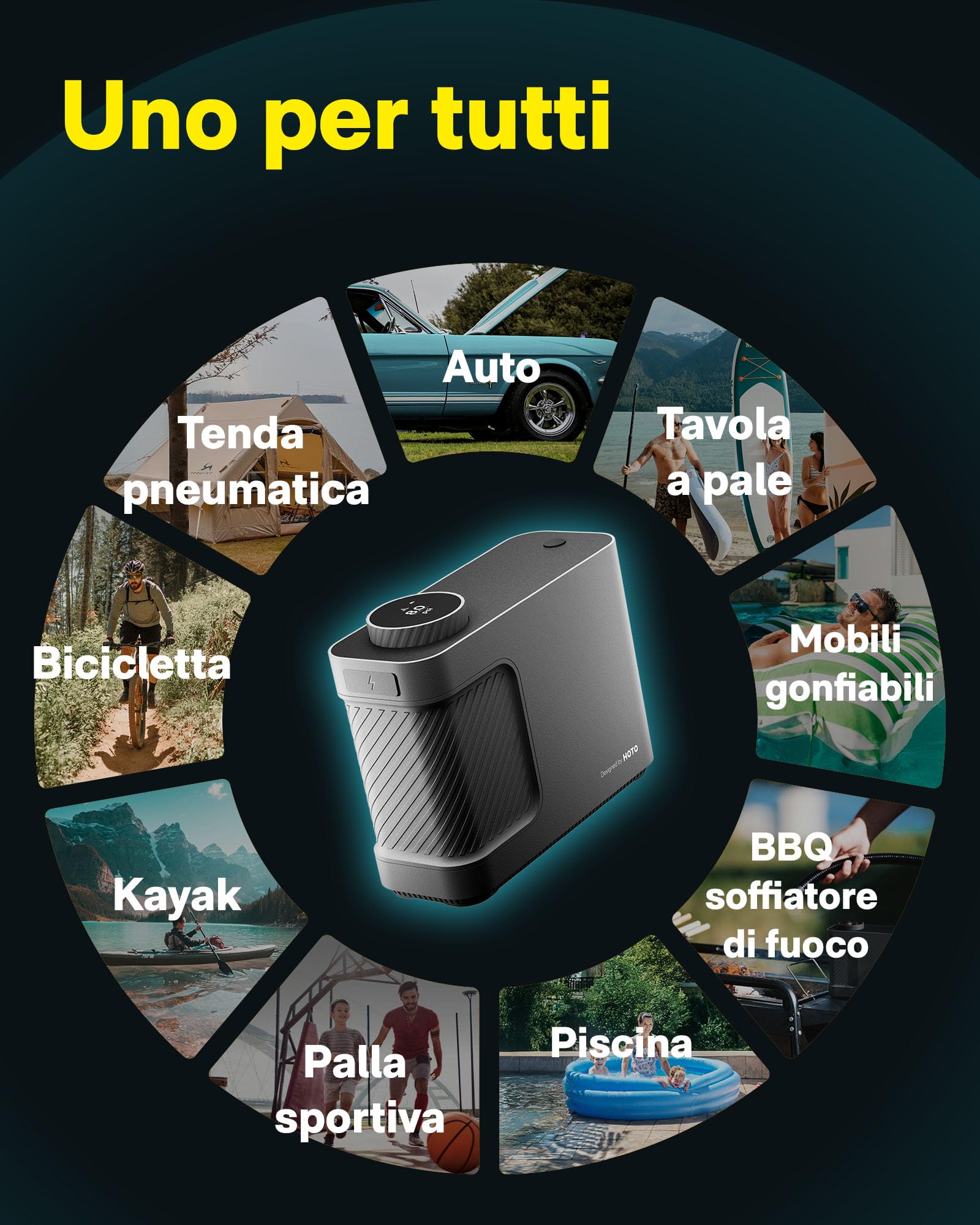 HOTO Compressore Aria Portatile Master, Compressore Portatile Senza Fili Per Auto e Bici, Pompa Elettrica Alimentazione Per Gonfiabili Da Piscina, Materassini Ad Aria, Kayak, Tende, Paddle Board e SUP