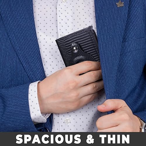 Miniatura 7 de Soporte para tarjetas AirTag, billetera plegable delgada para hombre, billetera. Compatible con Apple AirTag, cuero negro, bloqueo RFID, ventana de