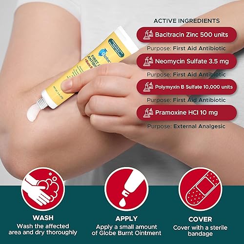 Miniatura 7 de Globe First Aid Antibiótico Burn Relief, ungüento antibiótico triple de máxima fuerza para protección contra infecciones 24 horas, 2 onzas
