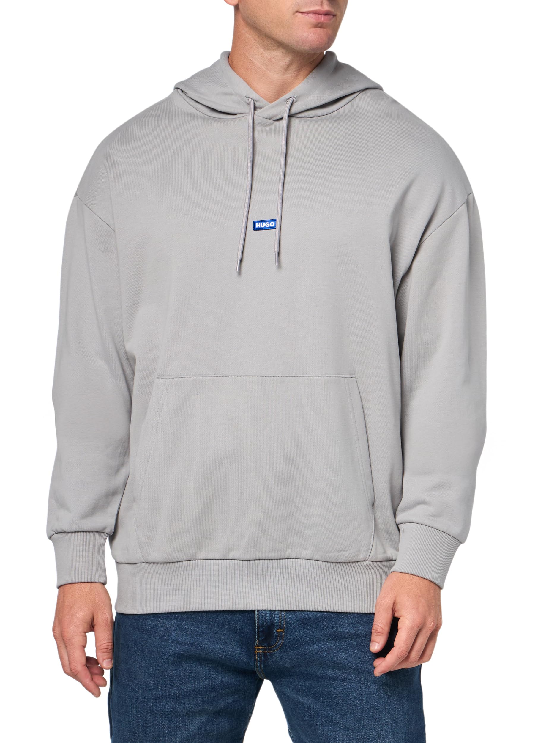 HUGO Men's Twill French Terry Logo Patch Hooded Sweatshirt, High Rise Grey, L