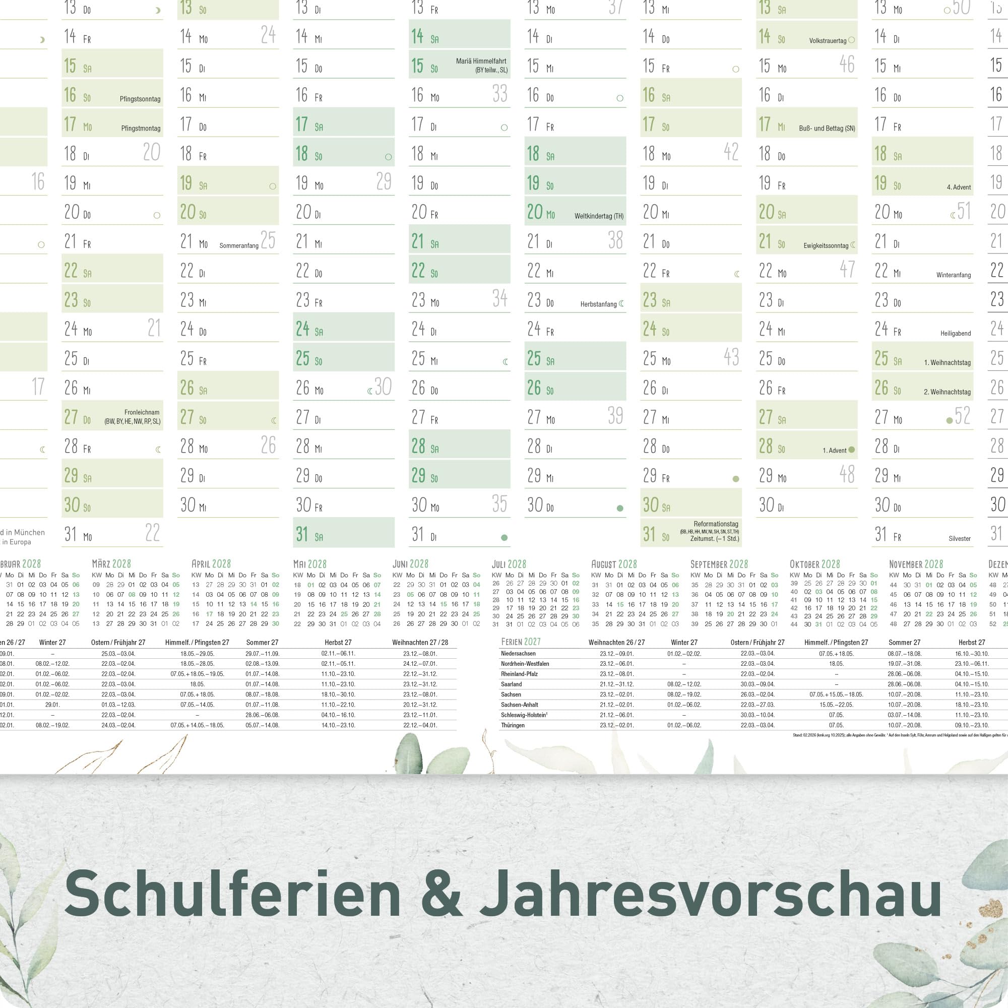 Häfft® Wandkalender 2027 A2 quer (59,4 x 42 cm) Wandplaner mit Ferien & Feiertagen für DE, Jahresplaner gefalzt für 14 Monate - inkl. gratis A3 + A4 Kalender "Blattgold"