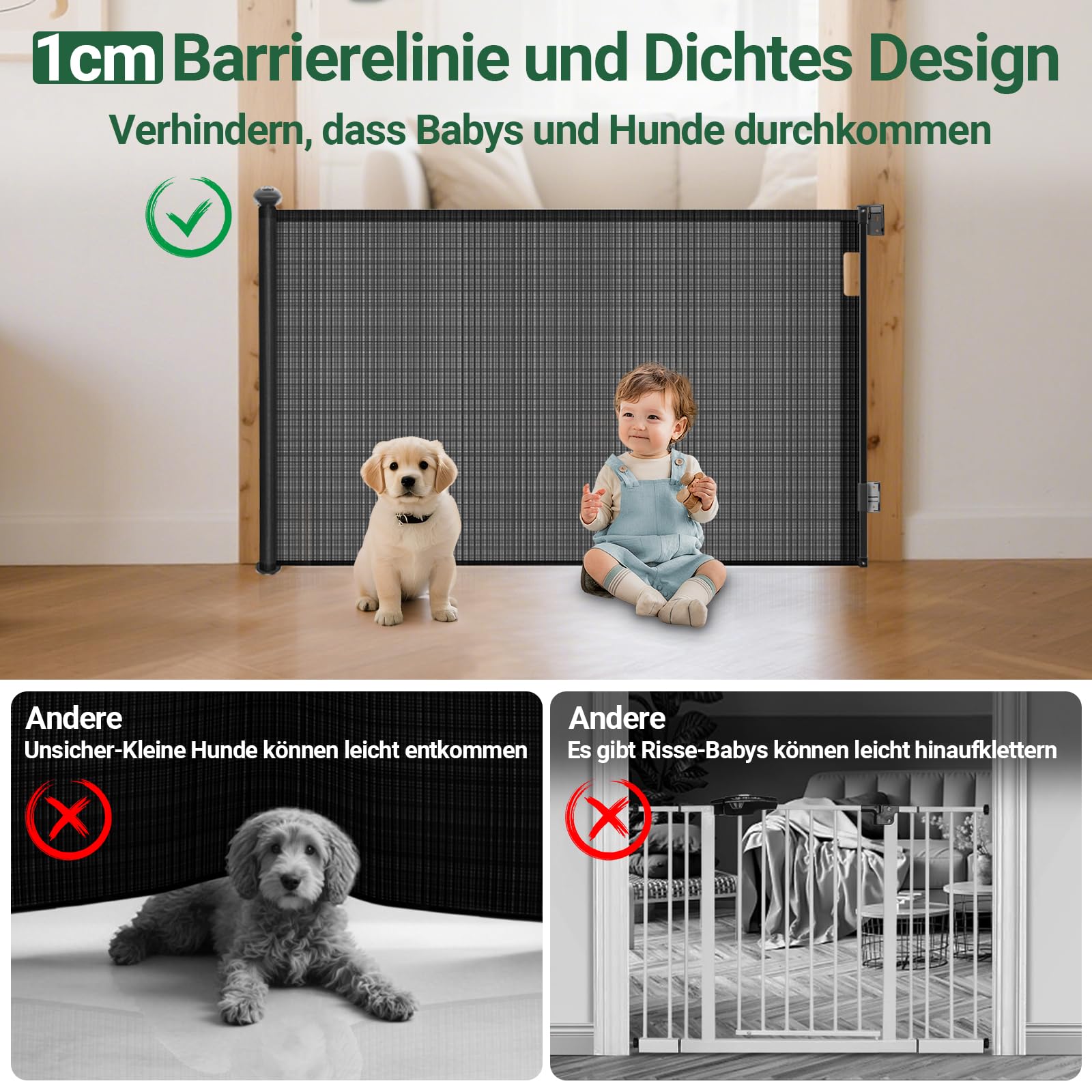 Türschutzgitter Ausziehbar mit Stützstangen Treppenschutzrollo (Schwarz, 300cm-1. Serie)