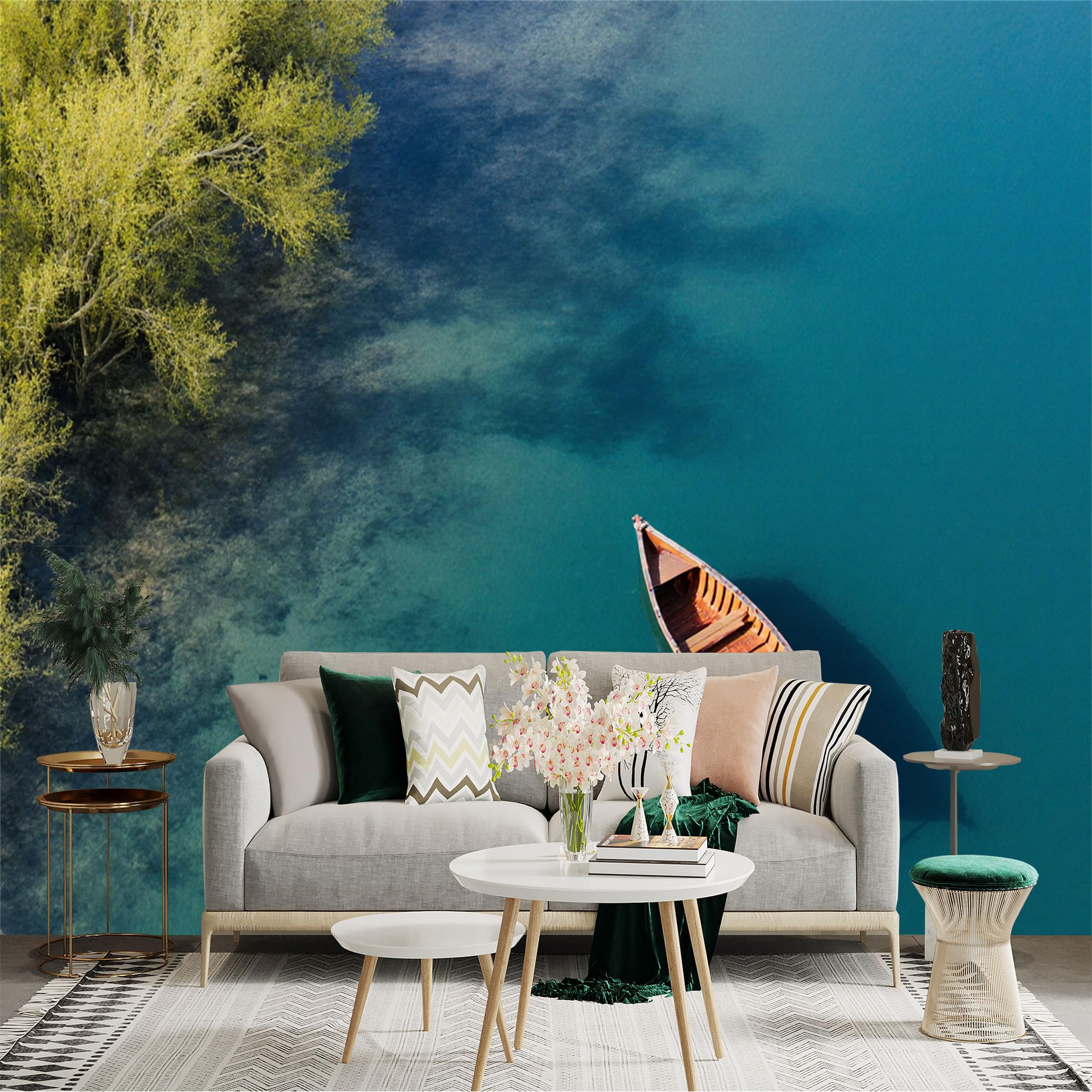 Custom Size Wall Sticker Mural， Wooden Boat on Tranquil Lake with Green Trees and Clear Water， for wall Decoration， peelandstick wall Decals.