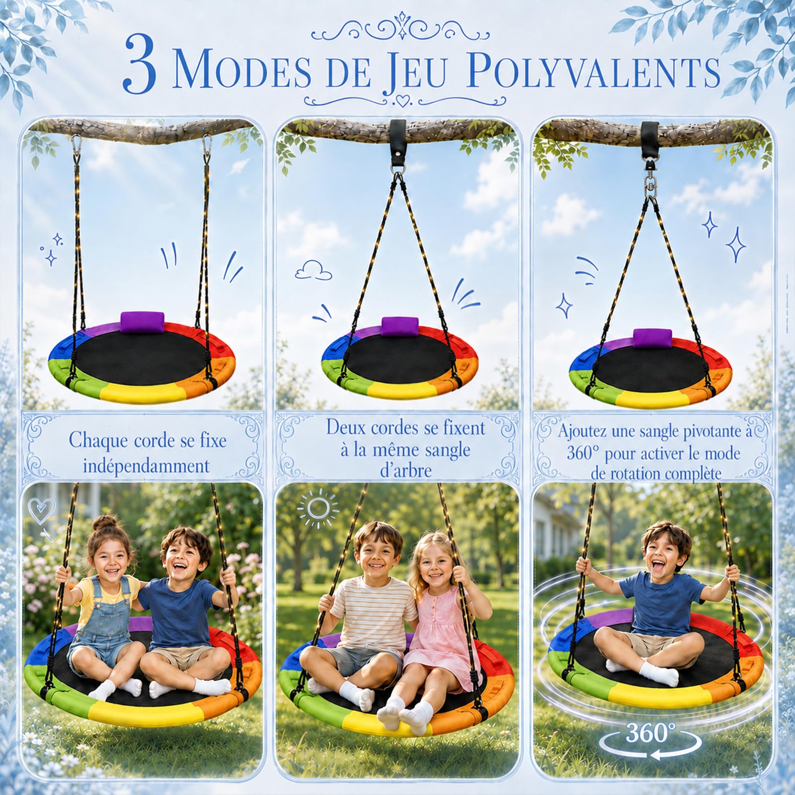 Balancoire Nid d'Oiseau Extérieur 100cm, Balançoire Nid d’Oiseau Jardin Rond Capacité Max. 300 kg avec Guirlande Lumineuse, Pivotante à 360° et Kit de Montage pour Enfants et Adultes (Rouge)