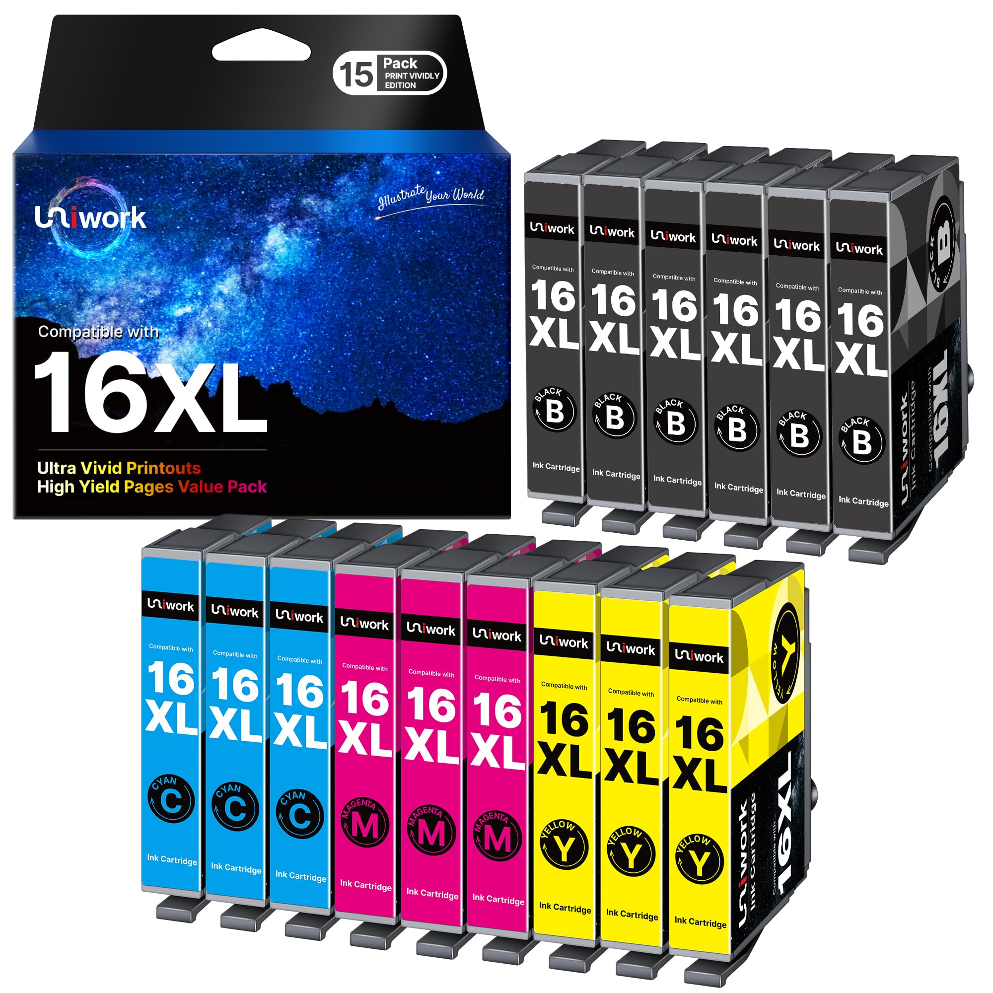 Uniwork 16XL Compatible Ink Cartridges Multipack for Epson 16 XL for Workforce WF-2630 WF 2630 2650 WF2630 WF2650 WF2660 WF2750 WF2760 WF2510 WF2520 WF2530 WF2540 (Black Cyan Magenta Yellow,15-Pack)