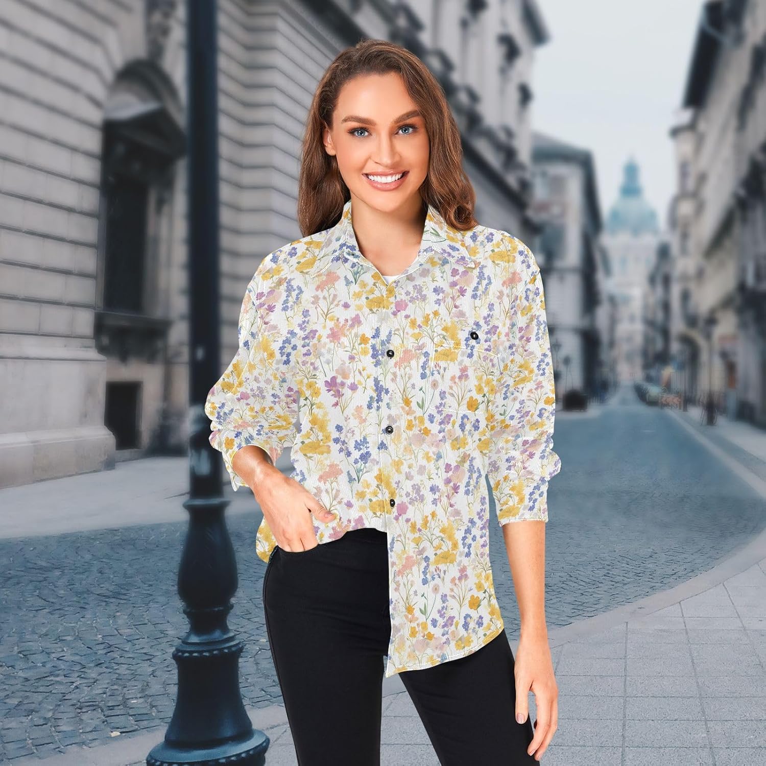 Colorful Wildflowers Pattern Women Men Slim Fit Rugby Shirts Party Long Sleeve Business Work Tops