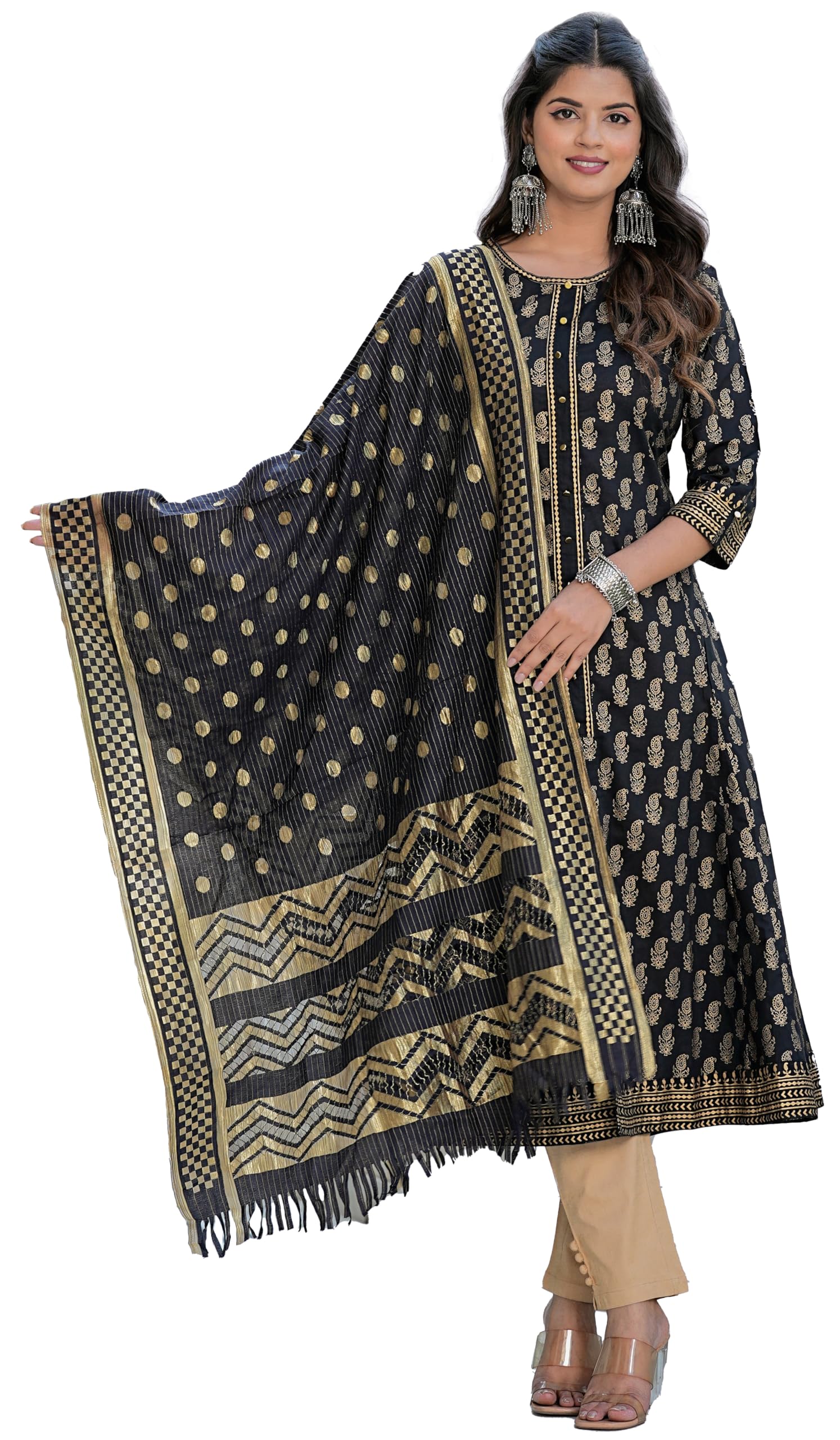 Yash Gallery Women's Cotton Gold Print Anarkali Kurta with Dupatta