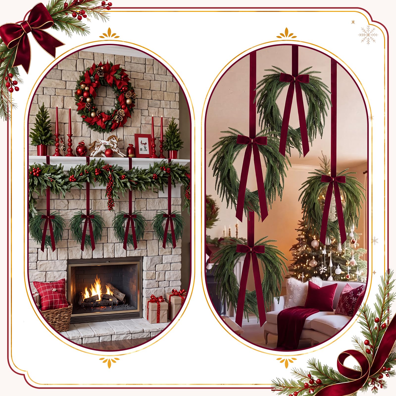 Dingion Lot de 4 petites couronnes de Noël en pin Norfolk avec baies rouges | Pommes de pin, décoration de vacances à suspendre pour armoires de cuisine, fenêtres, mur, décoration d'arbre de Noël