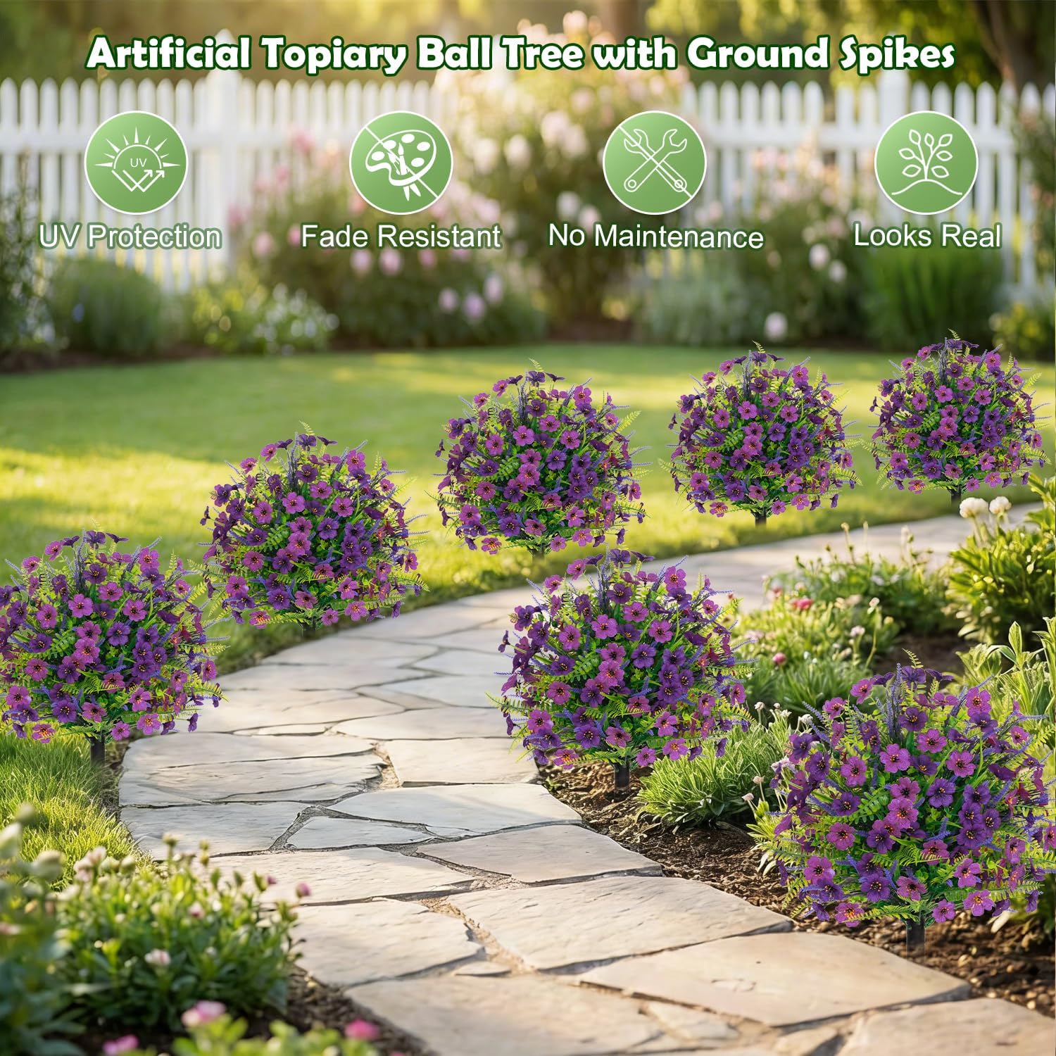 Artificial Topiary Ball Trees 2 Pack 24" with Lavender Flowers, UV Resistant Faux Boxwood Shrubs & Bushes, Outdoor Plants for Porch Planters, Garden, Window Box & Spring Decor