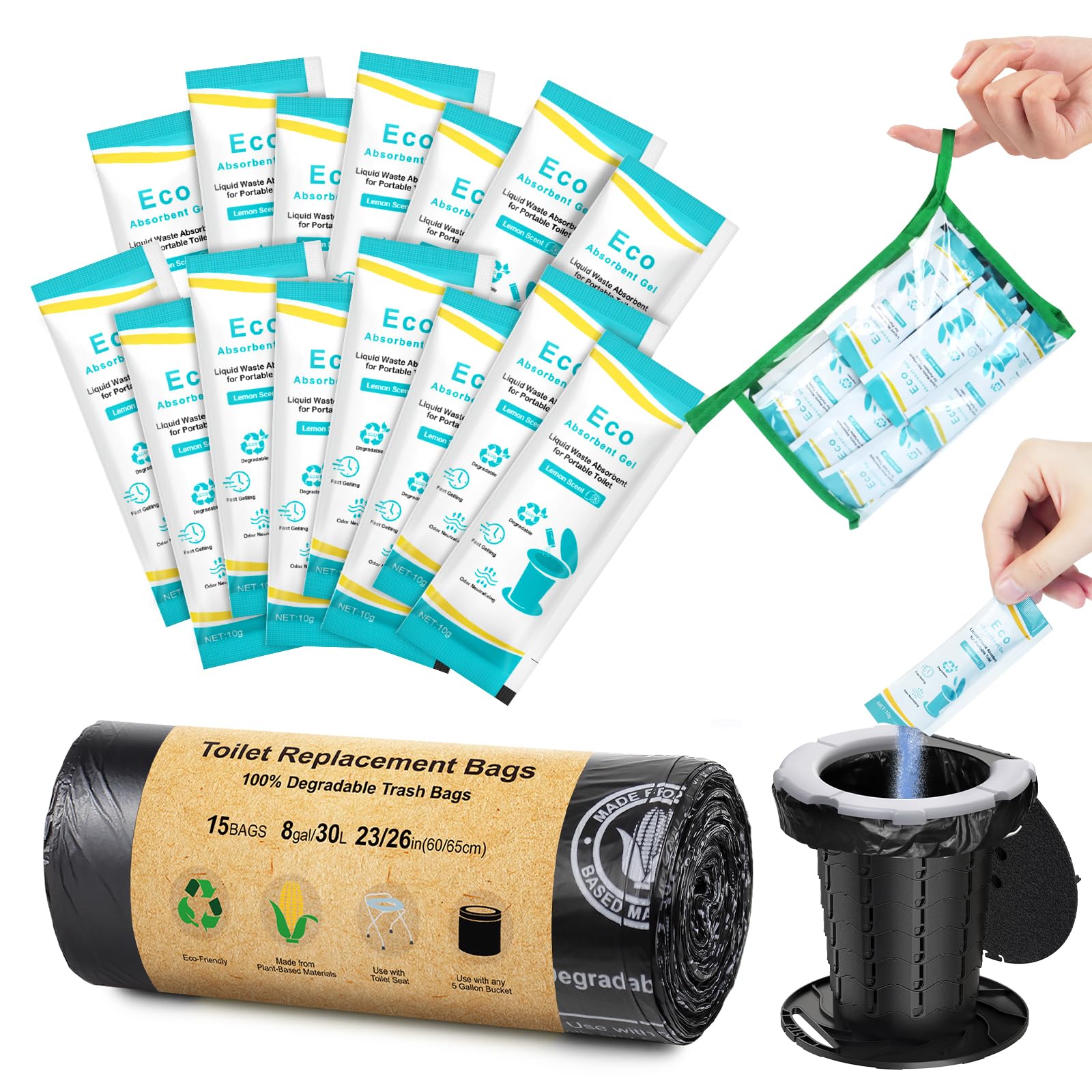 BLIKA Camping Toilet Bags Eco Absorbent Gel Set, Portable Toilet Bags with Gel, 8 Gallon, 30 Liter, Heavy Duty 1 Mil, Toilet Replacement Bags with
