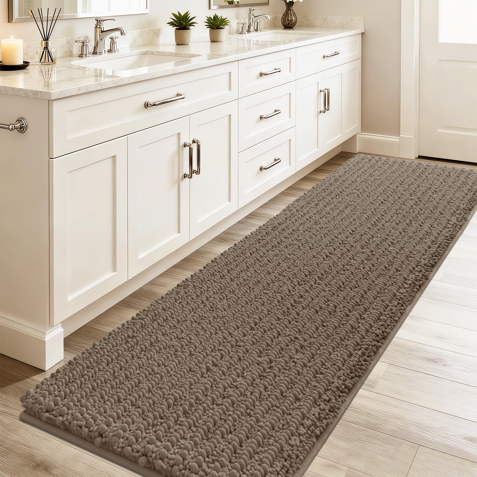 ACCUMTEK Extra Long Upgrade Luxury Dark Beige Bathroom Rug Mat 70"x24", Ultra Soft Thick Absorbent Bath Mats, Non Slip Chenille Toilet Mat for Bathroom, Bedroom, Kitchen, Shower, Tub, Taupe