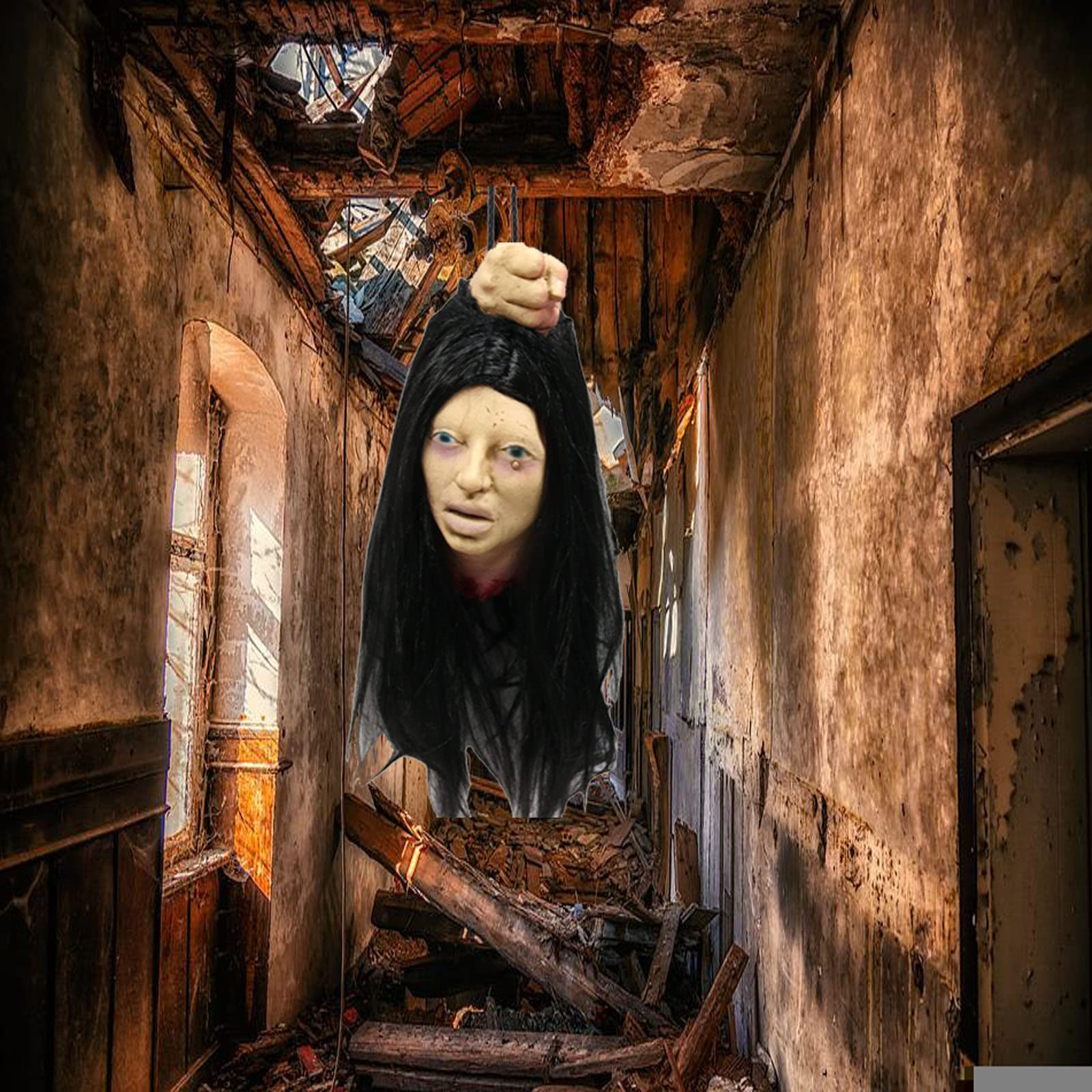 Tpone Haunted House Creepy Dead Woman Head Props, Halloween Hanging Severed Head Decoration With Wig, Scary Life-Size Bloody Cut Head Corpse Realistically Latex Head Pendant Prop