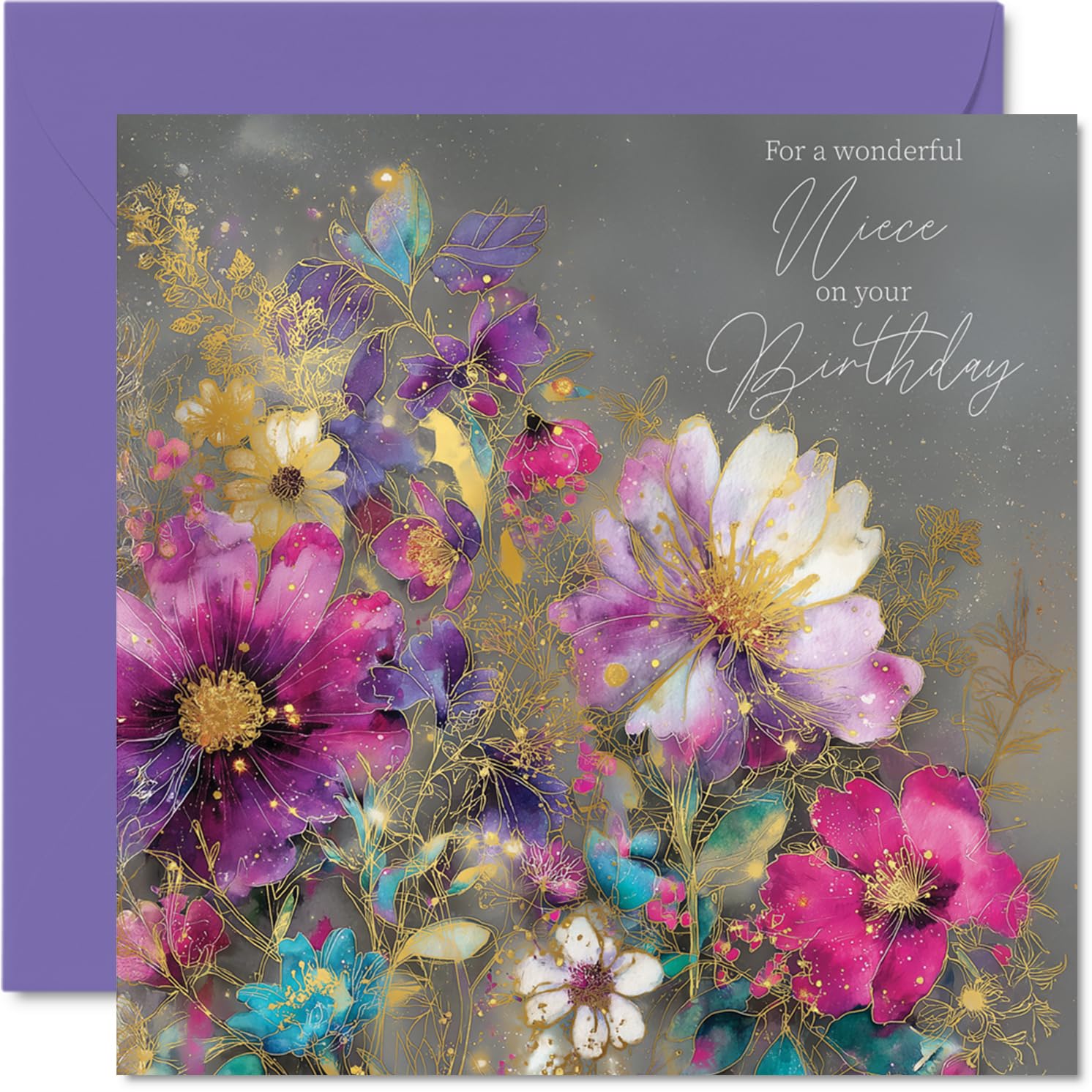 Gold Niece Birthday Card - Golden Flowers - Happy Birthday Card for Niece from Auntie Uncle, 145mm Golden Flowers Bday Greeting Cards