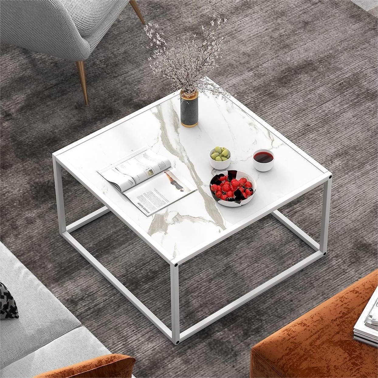 Giantex Square Coffee Table with Faux Marble Tabletop & Steel Frame, Center Cocktail Table, Accent Living Room Furniture, Low Bedside Table, Easy Assembly (White)