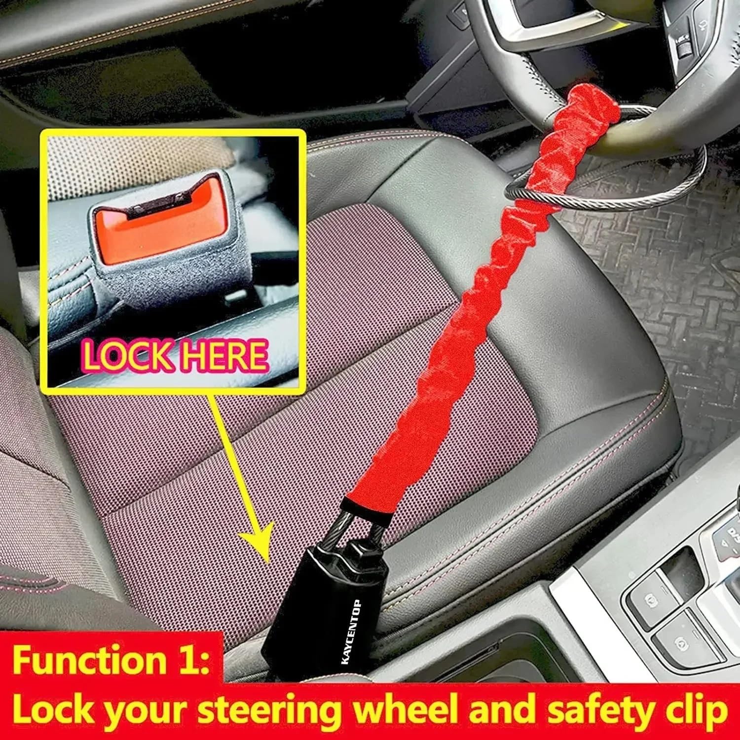 Cierre del cinturón de Seguridad del Volante con, Cable de Acero for Bloqueo cinturón Seguridad y Volante, Robo Coche, for camión, SUV, Furgoneta, RV, Negro Rojo(Black)