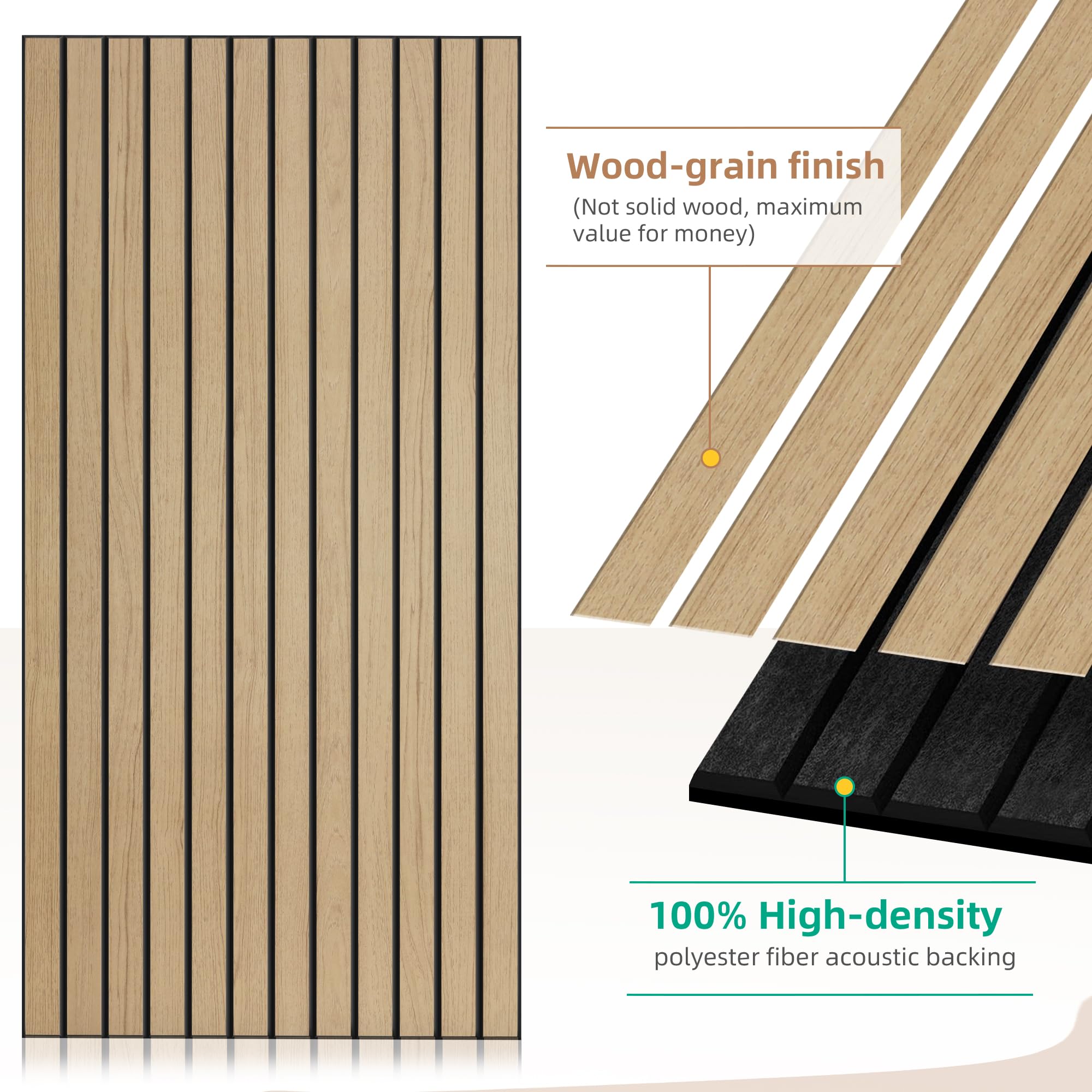Paneles acústicos de chapa de madera, paquete de 4 paneles de sonido de 47.2 x 23.6 pulgadas, paneles decorativos de madera grandes para pared, para oficina, cine en casa, estudio, sala de