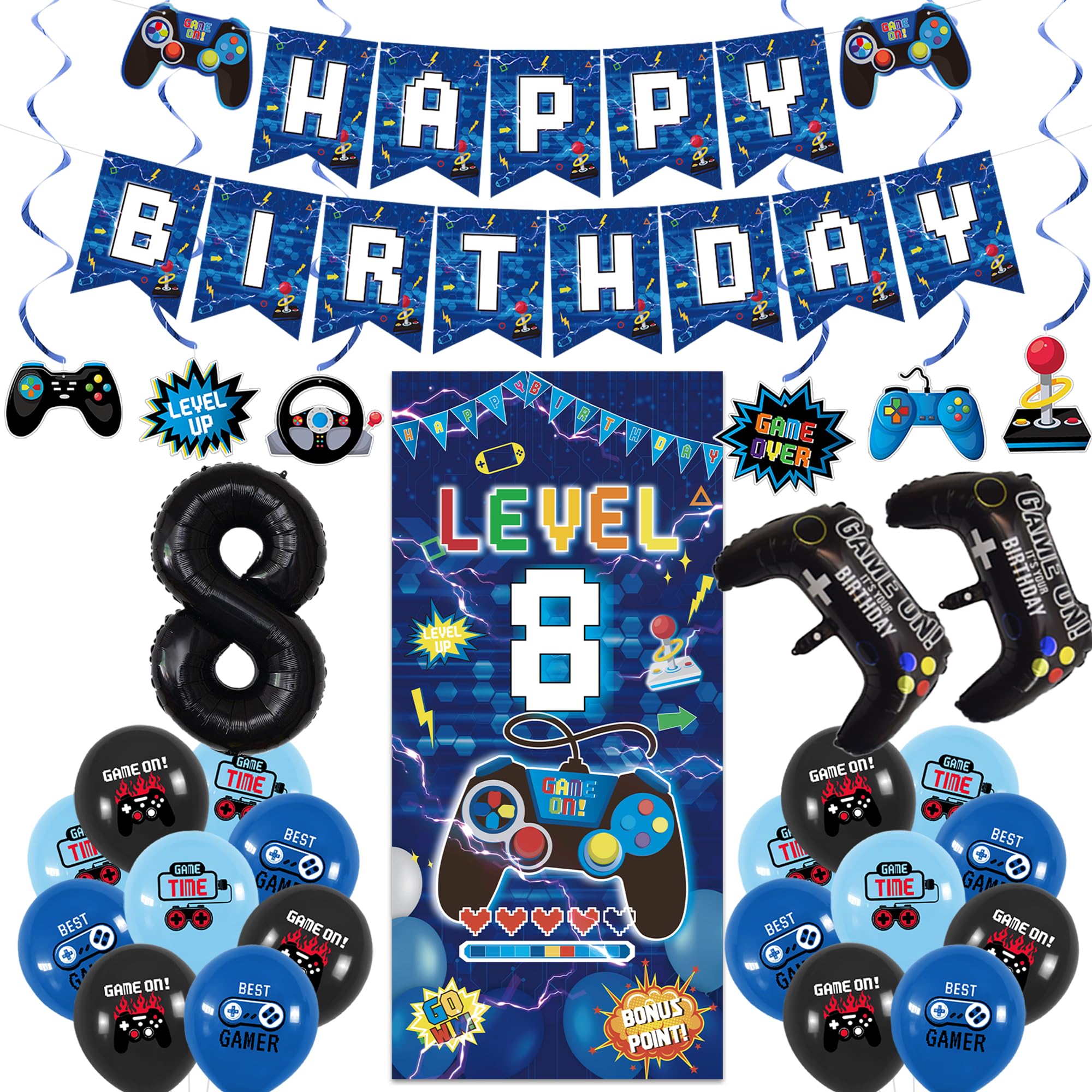 Vlipoeasn Blue 8th Birthday Decorations for Boys, Video Game Level 8 Banner Backdrop Hanging Swirls for 8th Birthday Party, Gamer 8 Years Old Party