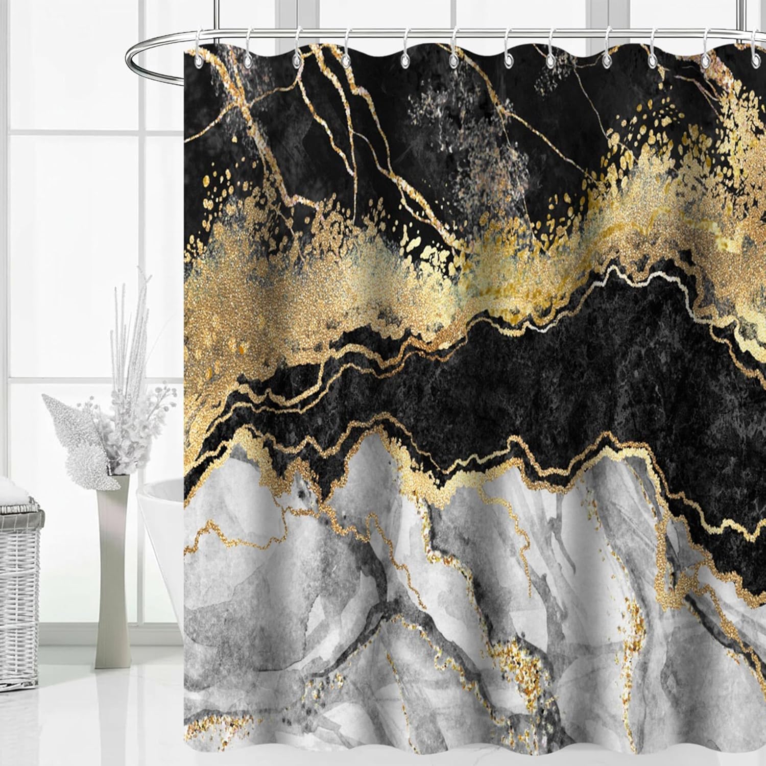Marble Shower Curtain, Black and Gold Texture Abstract Luxury Shower Curtains for Bathroom Decor Waterproof Fabric Easy Care with Hooks 72x78in