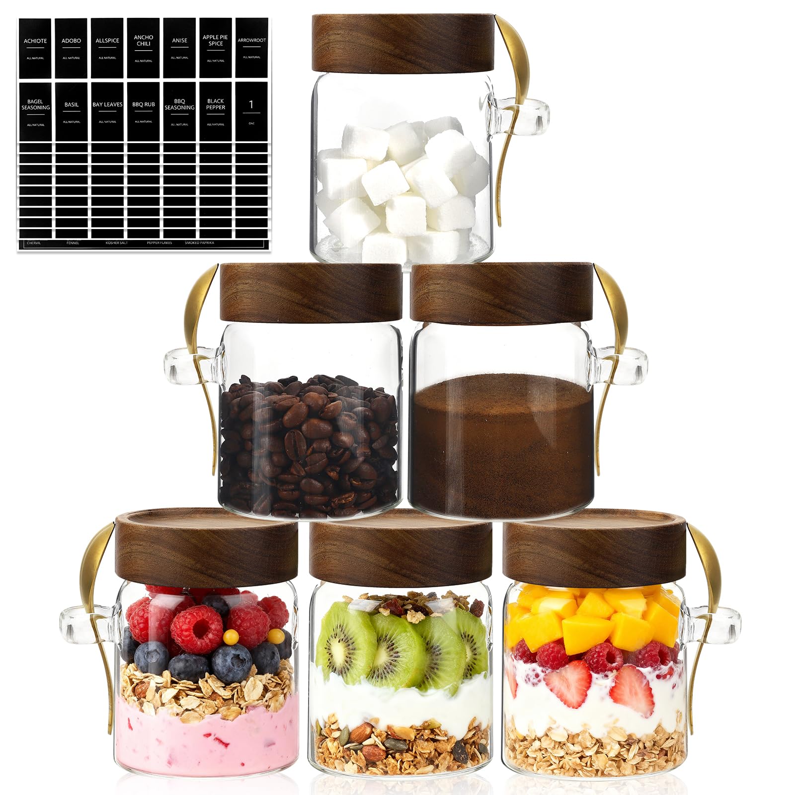 Kleines Glas mit luftdichtem Deckel, Löffel, Zucker, gemahlener Behälter, rund, Lebensmittelbehälter für Gewürze, Kaffeebohnen, Nüsse, Nudeln, Süßigkeiten, Reis, losen Tee (300 ml, 6 Stück)
