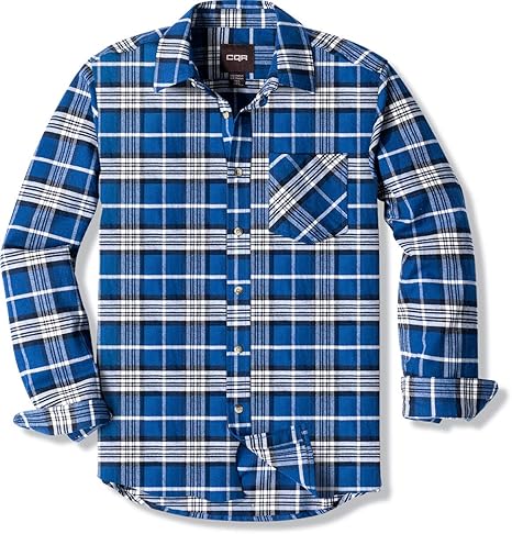 CQR Men's All Cotton Flannel Shirt, Long Sleeve Casual Button Up Plaid Shirt, Brushed Soft Outdoor Shirts