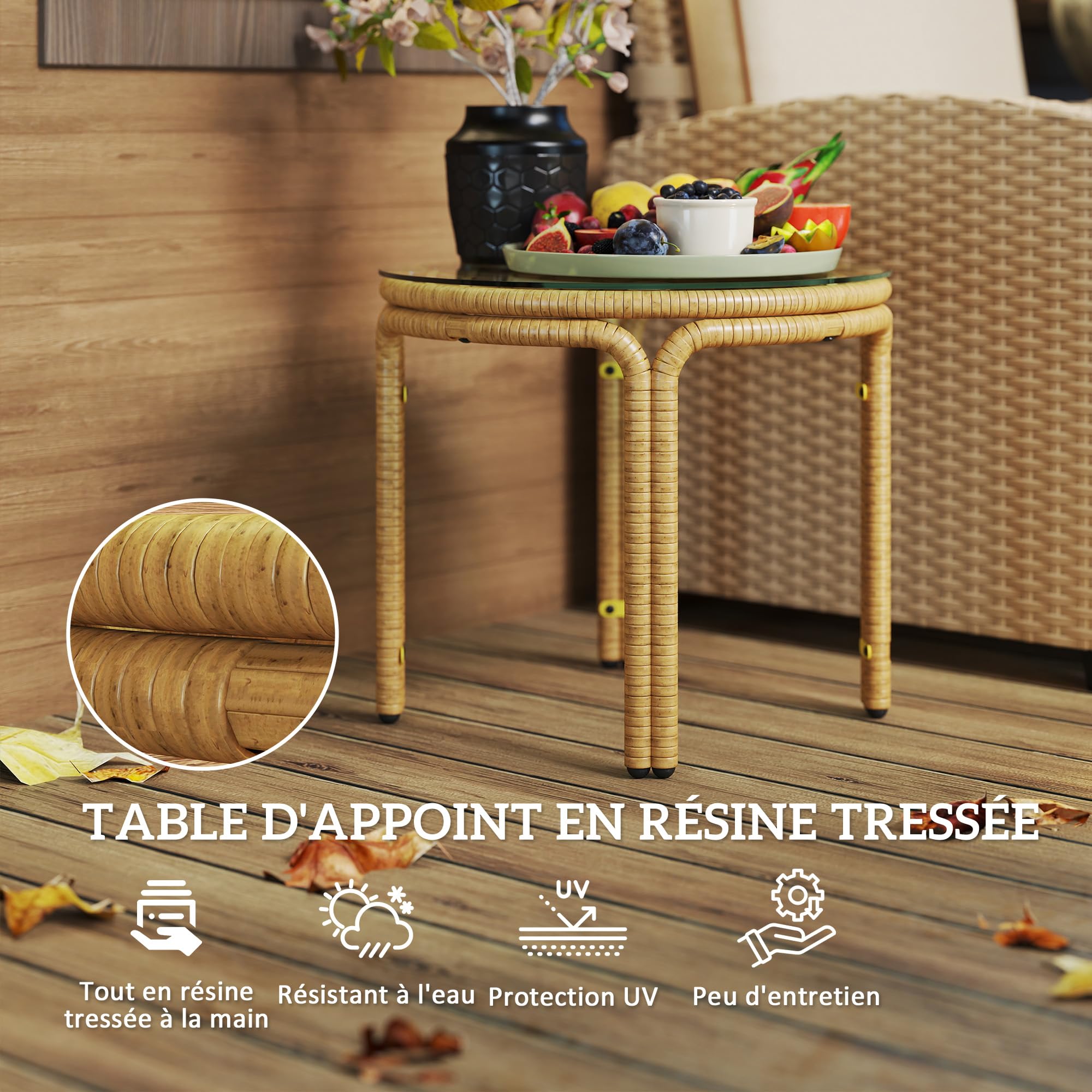 Outsunny Table d'appoint en résine tressée Ronde, Table Basse de Jardin avec Plaque en Verre, Facile à Nettoyer pour terrasse, Jardin, Balcon, Ø 50 x 44 cm, Jaune