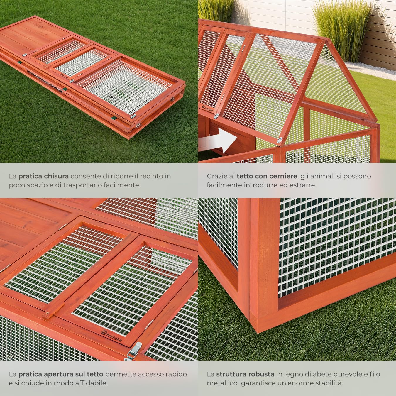 tectake® Conigliera da esterno Pieghevole, Recinto per Conigli con Apertura Tetto Bloccabile, Struttura in Legno Verniciato, Rete Metallica, Casetta da Giardino, Gabbia per conigli - 150 x 103 x 53 cm