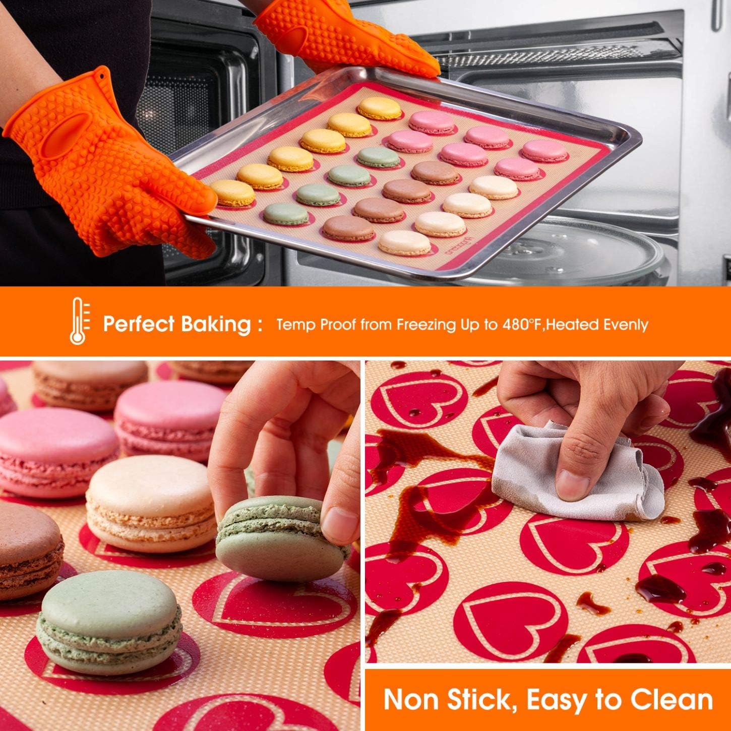 Silicone Macaron Baking Mat Kit - (30 in 1) Macaroon Baking Mat Heart Set,2 Half Sheet Macaron Silicone Mat,1 Egg Separator,1 Pastry Brush,1 Spatula,6 Frosting Tips,12 Piping Bags