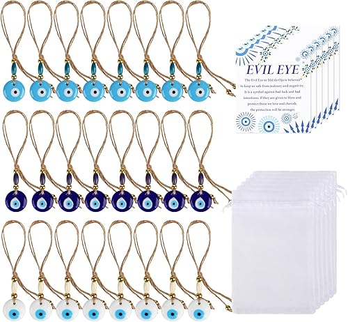 Juego de 24 llaveros azul turco contra el mal de ojo con tarjetas de regalo, bolsas de organza, dijes de buena suerte, decoración y protección