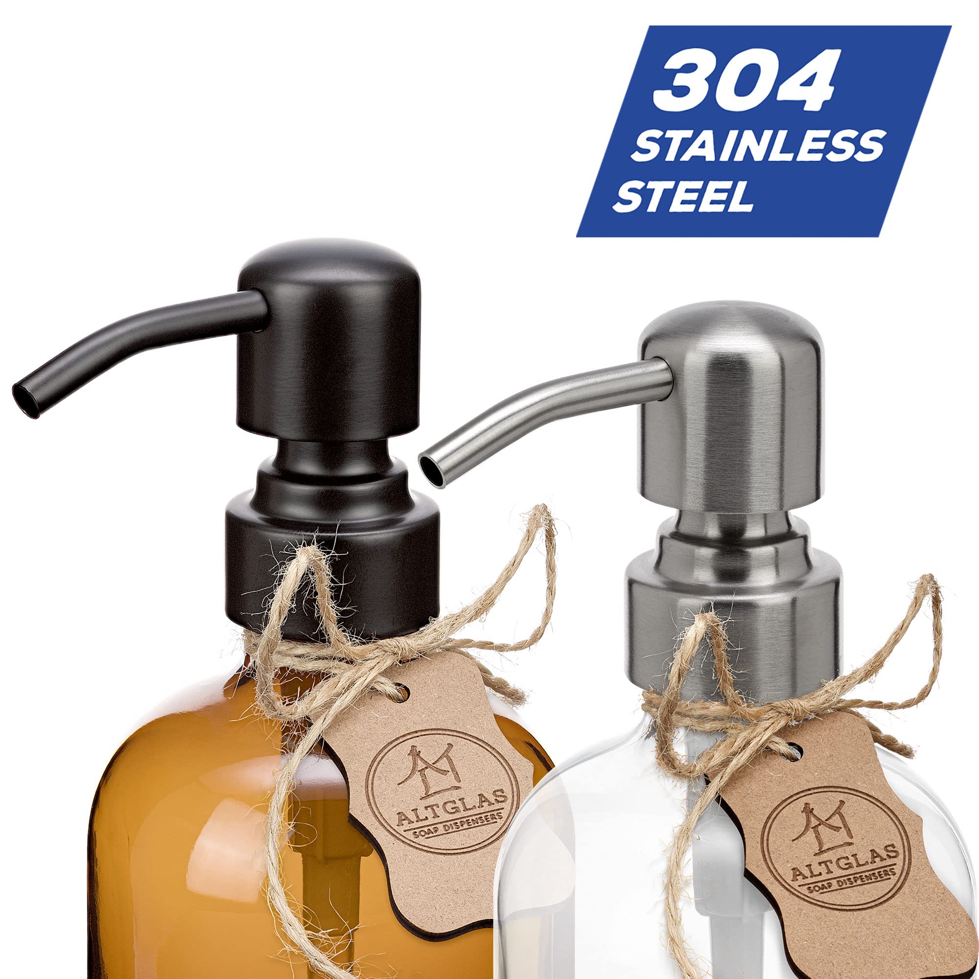 ALTGLAS Dispensador de Jabón 'Sarajevo' - Doble Dispensador de Ducha Hecho de Botella de Vidrio Transparente con Posavasos de Silicona y Cabezal de Bomba en Plata Cepillada (2 Piezas a 500 ml)
