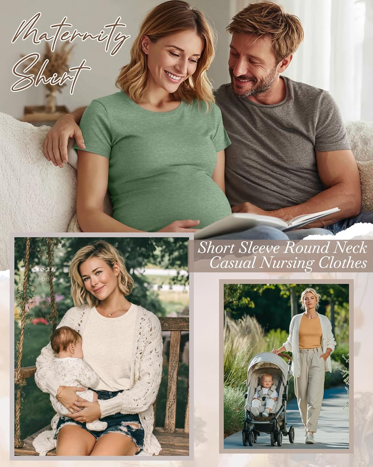 3 Pack Women's Maternity Nursing Shirt for Breastfeeding Hidden Zipper Short Sleeve Crew Neck Pregnancy Top - Image 2