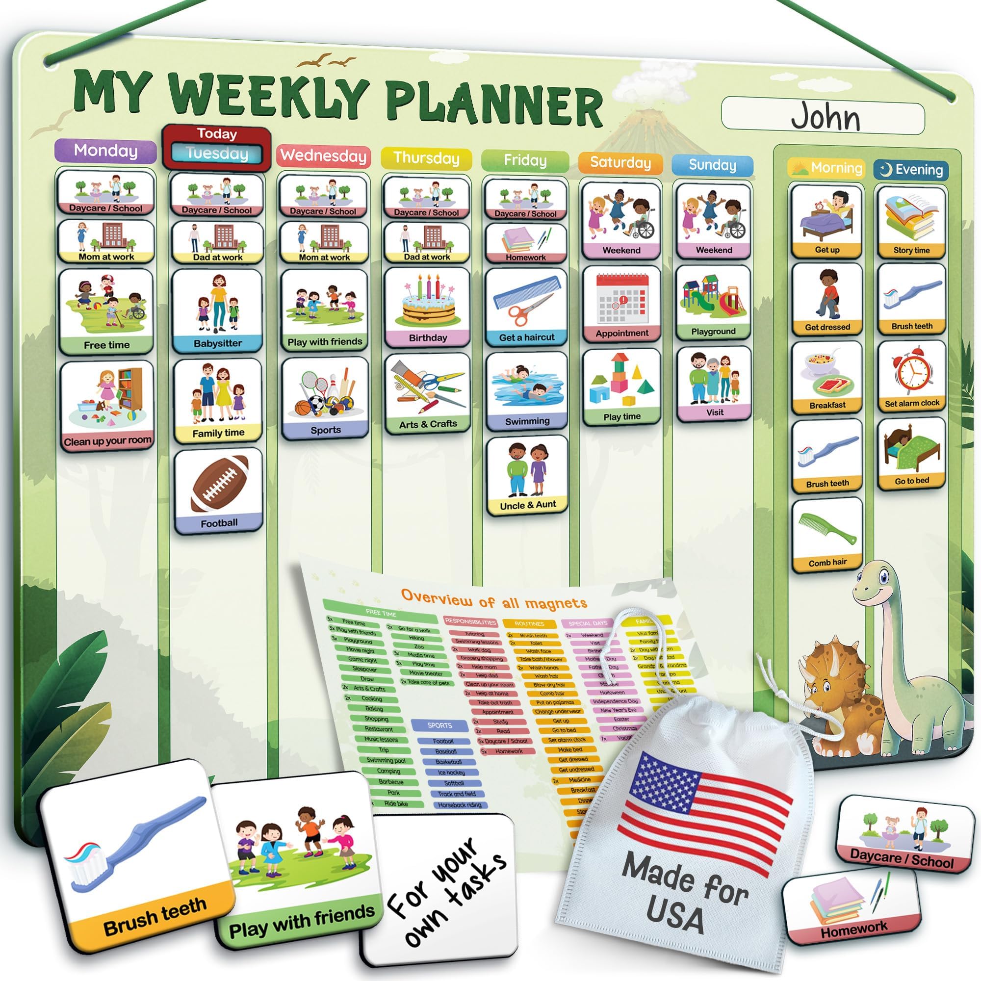Visual Schedule for Kids - 2-in-1 Weekly + Daily Schedule - Magnetic Schedule with 188 Magnets and Magnetic Backing - Chore Chart Kids - Routine Chart for Toddlers, Autism, ADHD - Green
