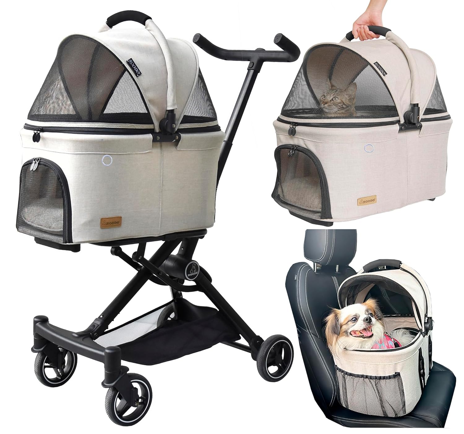 ROODO 2026 3-in-1 Upgraded Dog Cat Stroller - Detachable Carrier, All-Terrain Lightweight Pet Travel System for 30lbs Pets (Light Khaki)