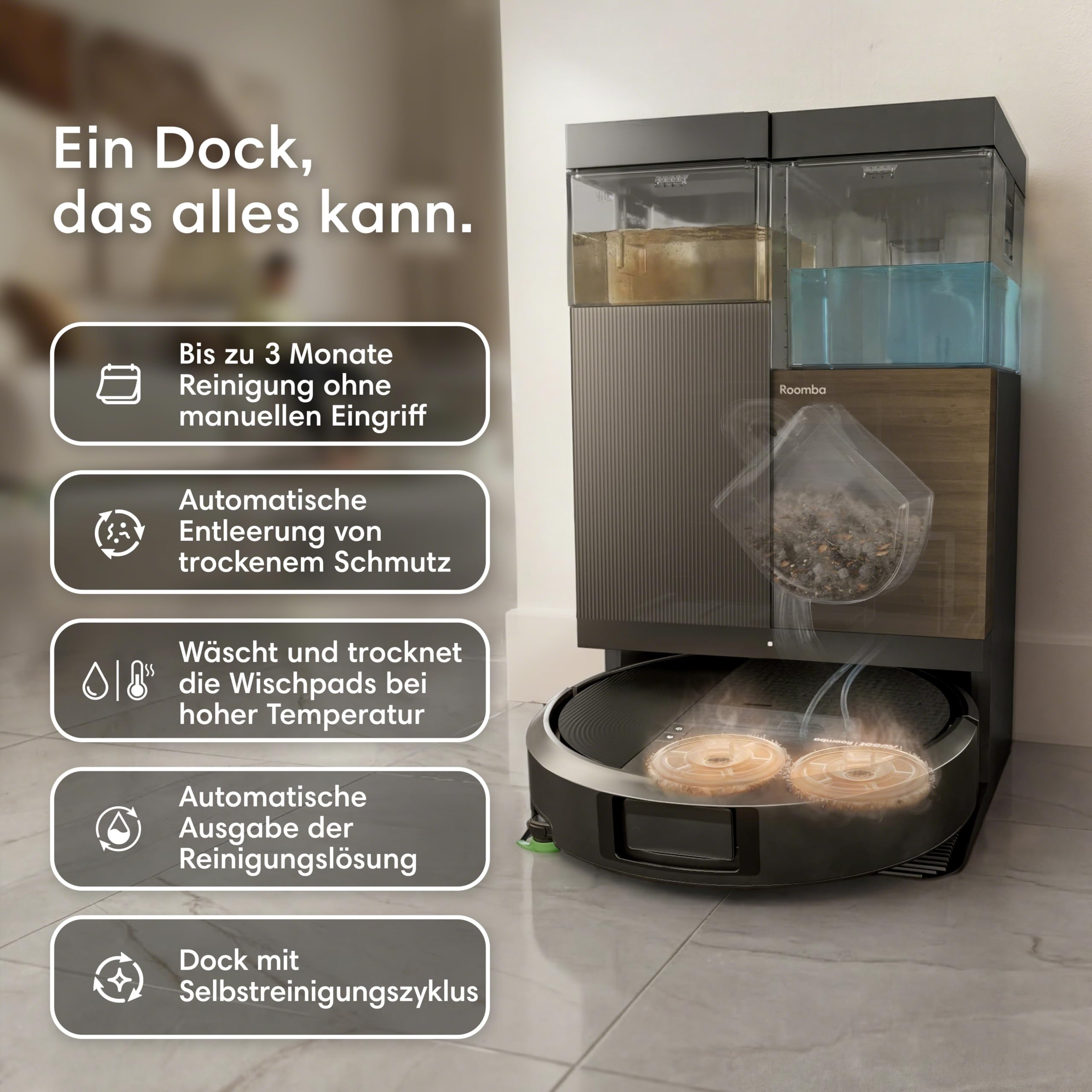 iRobot Roomba® Plus 576 Combo Roboter + AutoWash™ Dock, 25Kpa, Multifunktions‑Dock, Clearview LiDAR+Kamera, Entleert-Sich, Zusätzliches Zubehör, Schwarz
