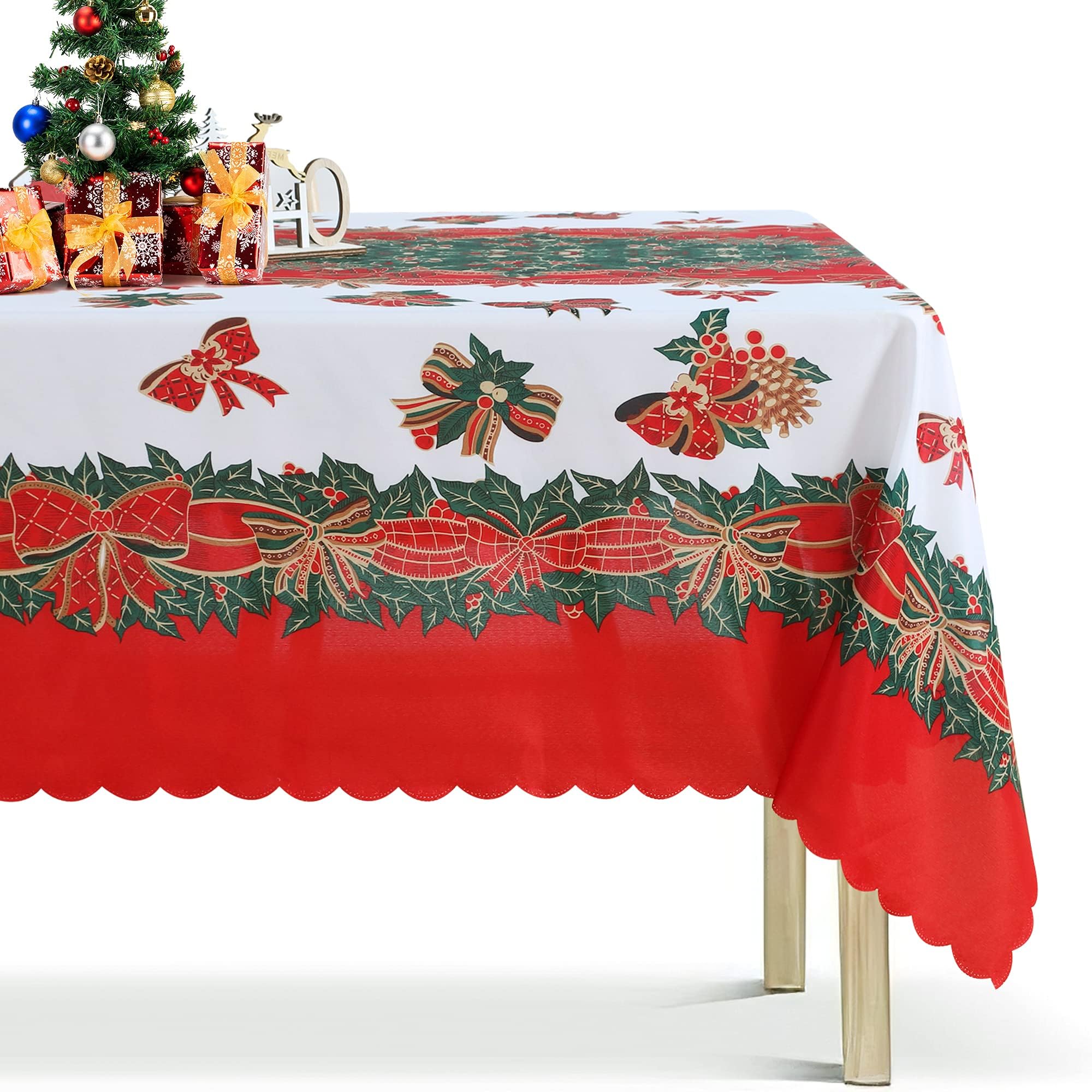 LUSHVIDA Christmas Tablecloth Rectangle - Holly Ribbon Pattern Washable Wrinkle Resistant Holiday Tablecloths for Christmas Family Gathering, Dining Room Table Decoration(60X84 inch)