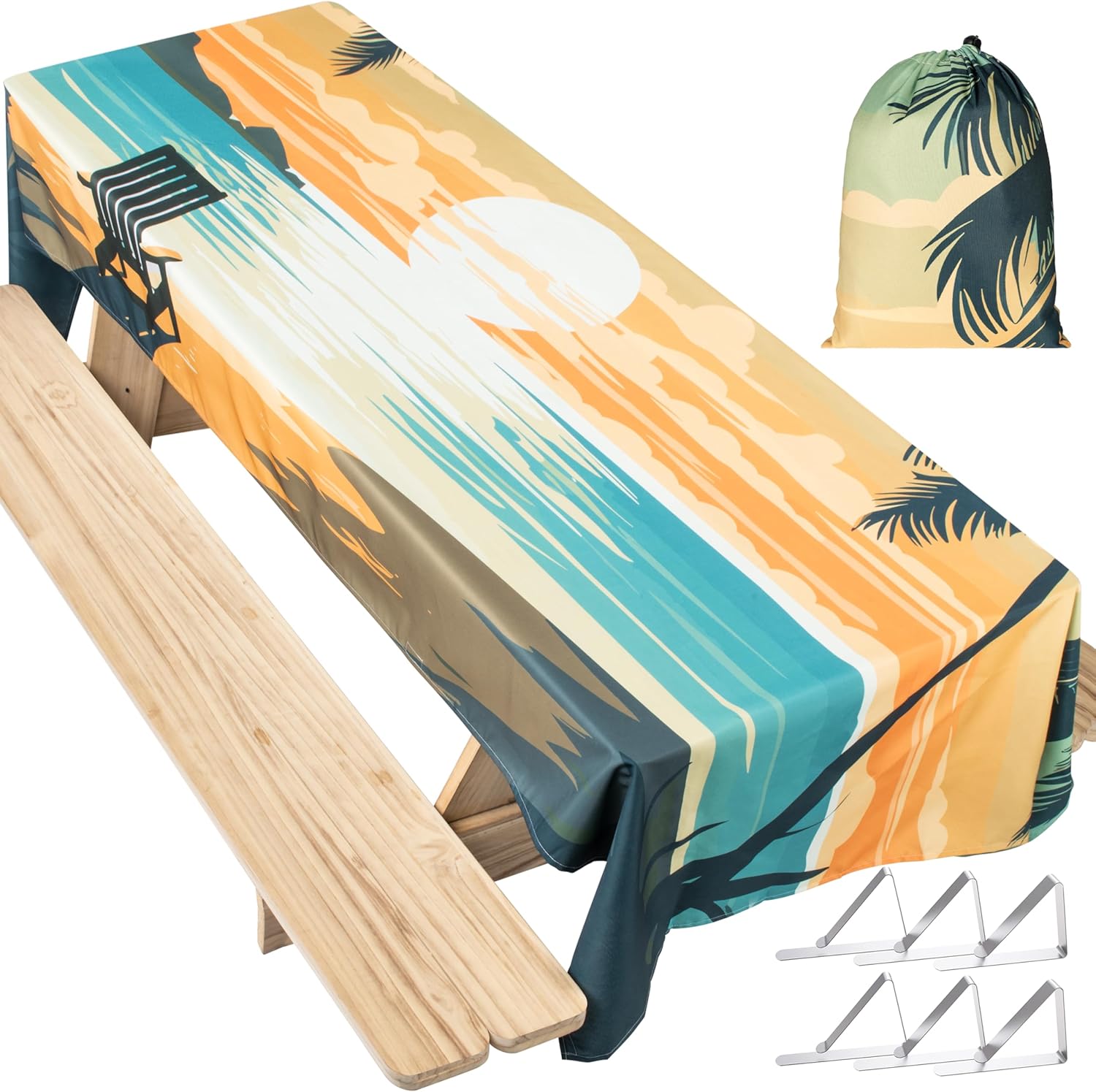 Extra Thick Camping Tablecloth with Clips & Storage Bag, Picnic Tablecloth, Fits 4ft to 8ft Picnic Tables, Polyester, Washable, Spill & Stain Resistant, Water Repellent - Tropical Beach