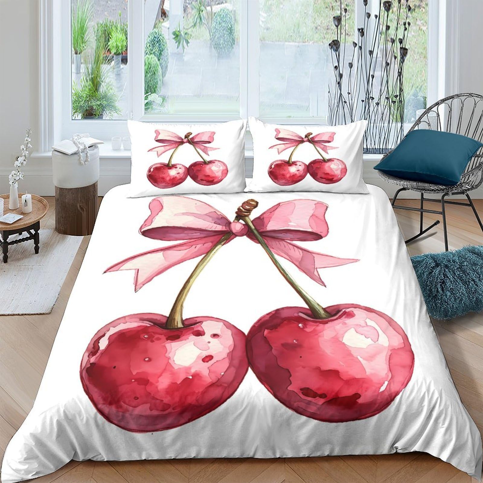 Ctjqhvkz Style-8 3D Printed Cherry Bow Fitted Sheet Microfiber Soft Bedroom Decor Red Fruit Bed Cover For Adult Teen Youth Single（135X200cm）