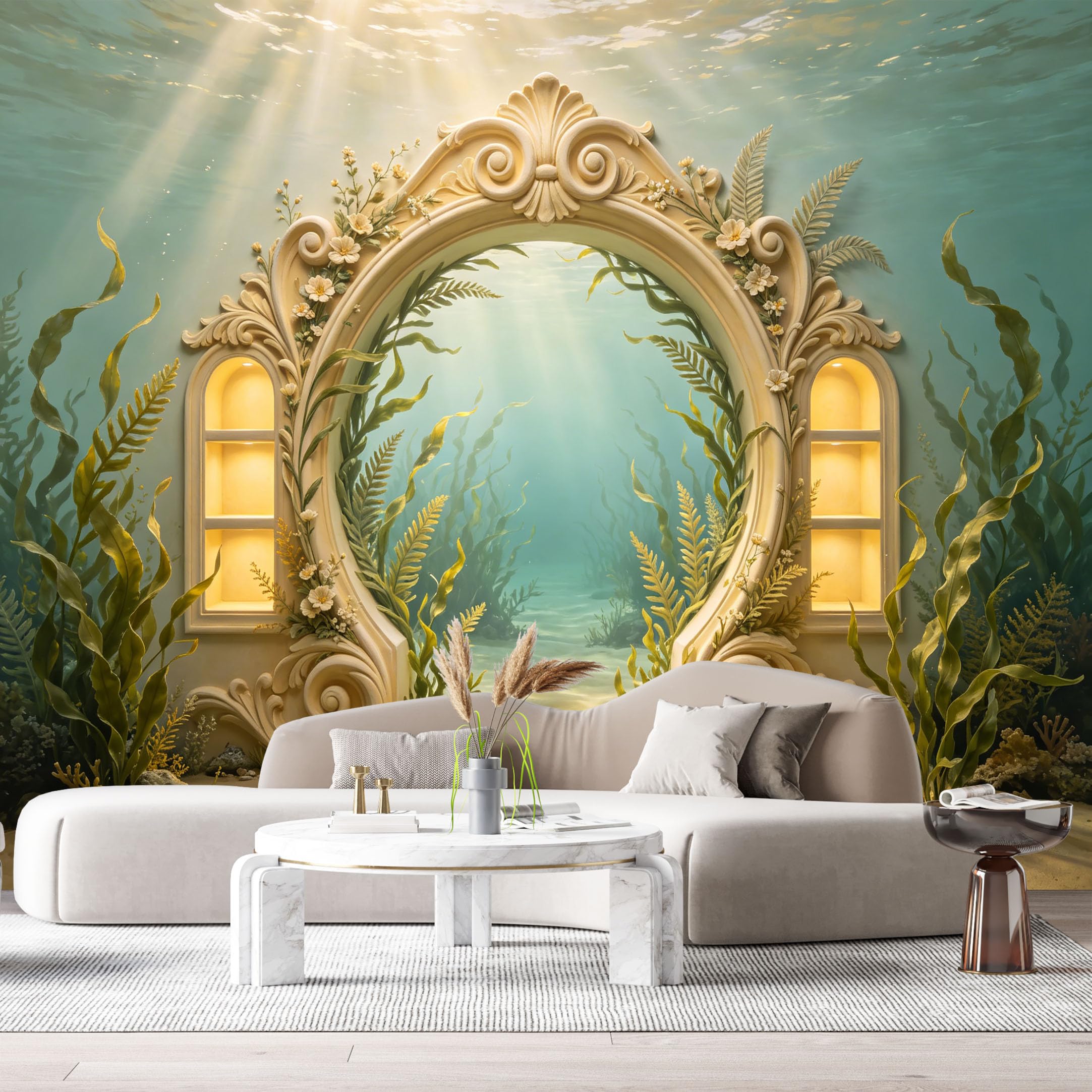 Custom Size Wall Murals Ocean Marine Underwater Archway Ruins 3D Trompe L'Oeil SelfAdhesiveWall Fabric Removable Wallpaper Wall Decor for Living Room Bedroom Bathroom