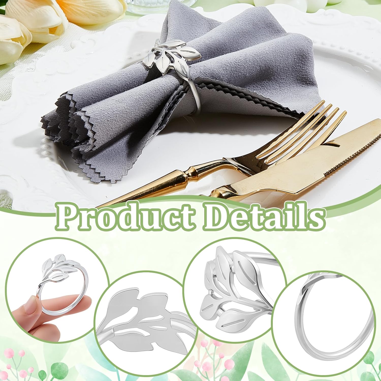 Peacoblue 60Pcs Sliver Leaf Napkin Rings Holders Modern Stainless Steel Napkin Ring Holders for Table Decor Settings, Vintage Napkin Ring for Wedding Christmas Thanksgiving Day Party