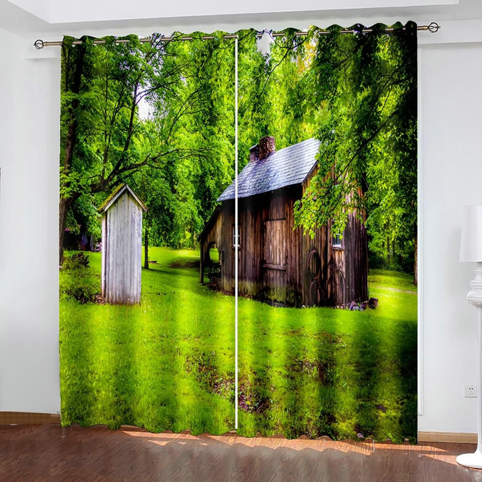Vorhänge mit Ösen 2er Set, Gardinen Blickdicht Landschaftshaus und Bäume H 214 x B 86 cm Abdunkelnde Verdunklungsvorhänge für Wohnzimmer