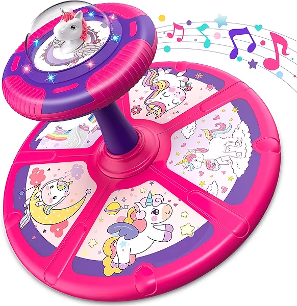 Flooyes Unicorn Sit and Spin Toys for Toddlers Girls 2 Years Old, Birthday Gifts for 2-4, with LED and Music, 360° Spin