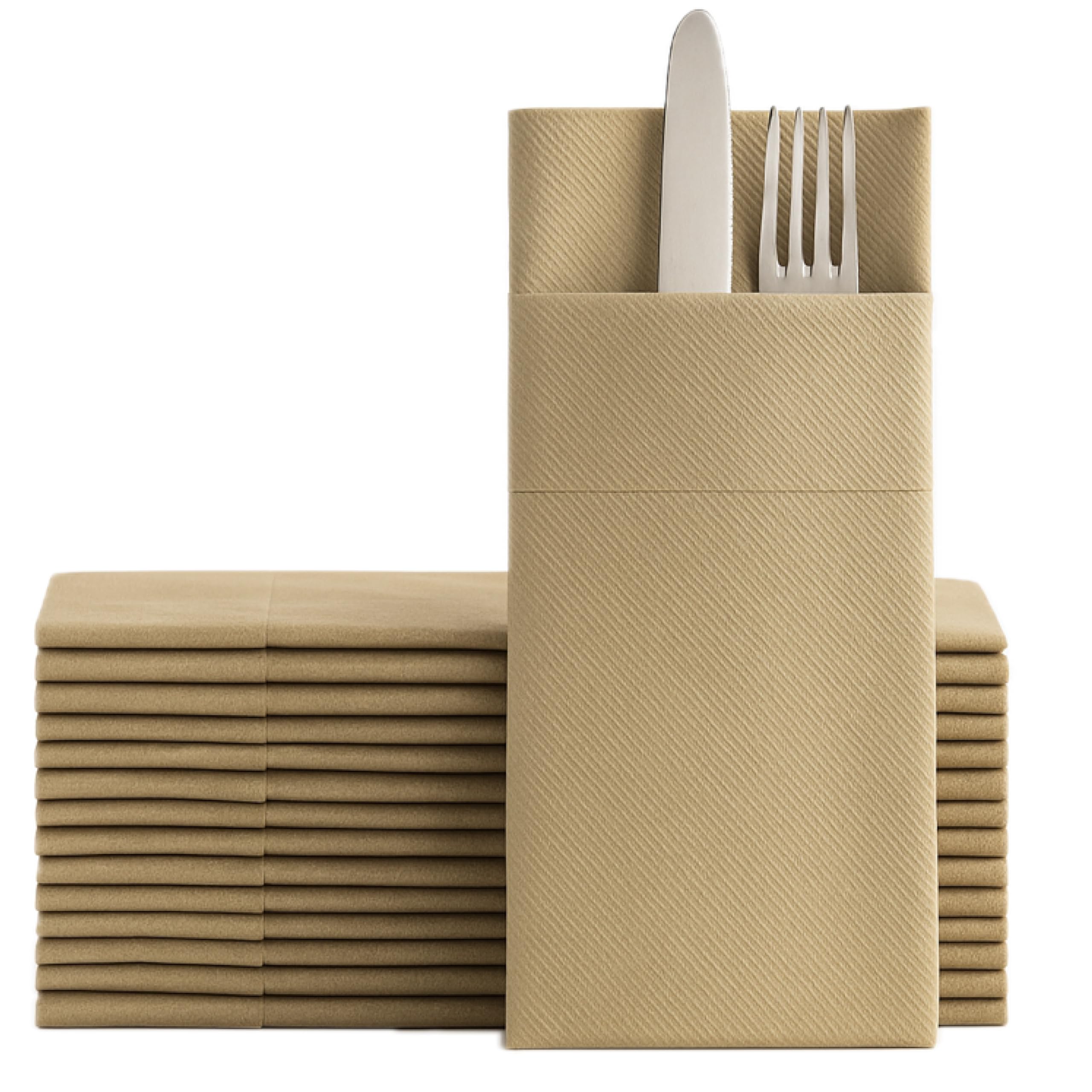 Lot de 50 serviettes de table en bois avec poche intégrée pour couverts - Serviettes jetables absorbantes au toucher lin pour cuisine, salle de bain, fêtes, mariages, dîners ou événements