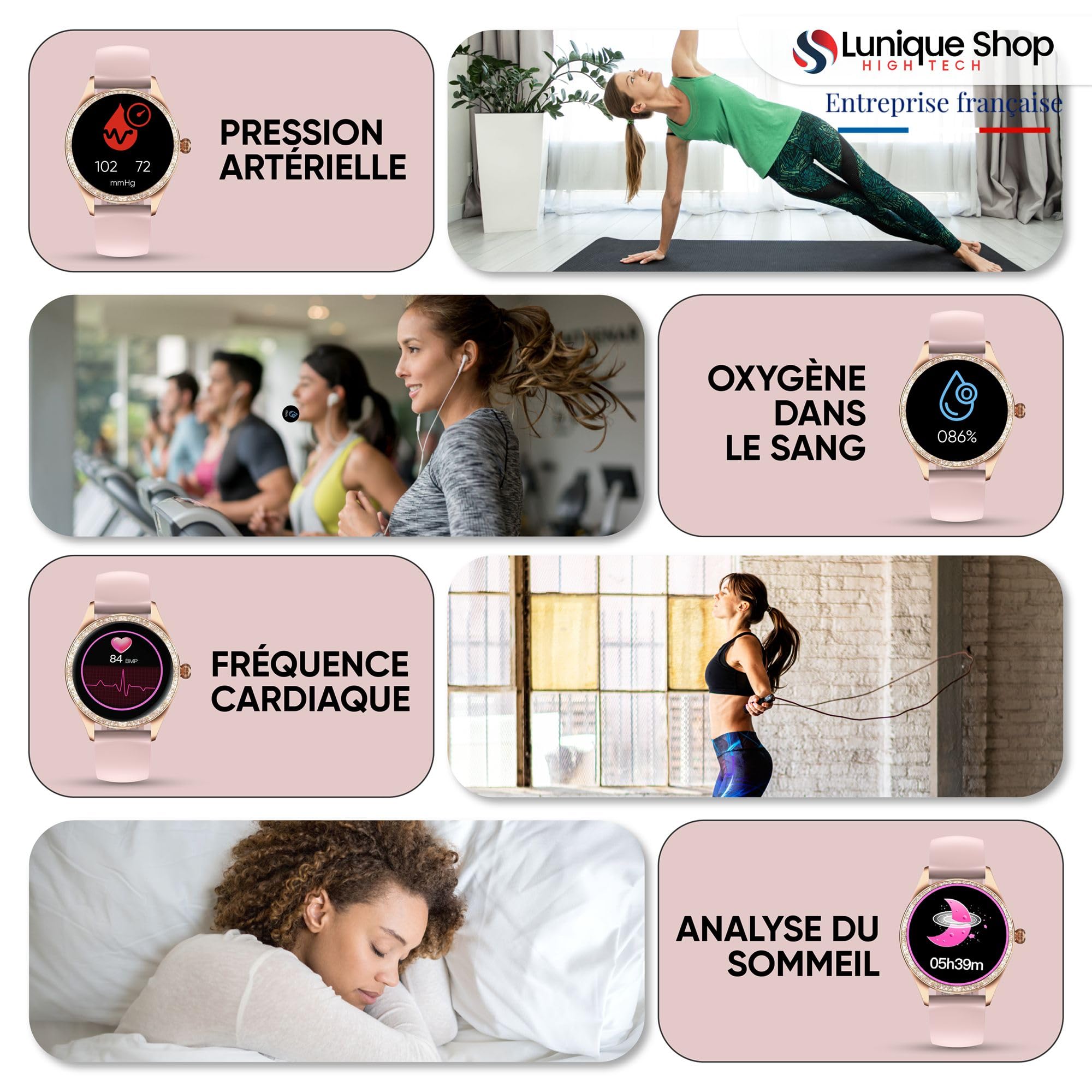 Montre Connectée Femme LSLUXE Brillante | Montre Tension Arterielle | Smartwatch | Montre Podometre Femme | Fitness| Cardiofréquencemètre | Montre Intelligente iOS Android |Rose