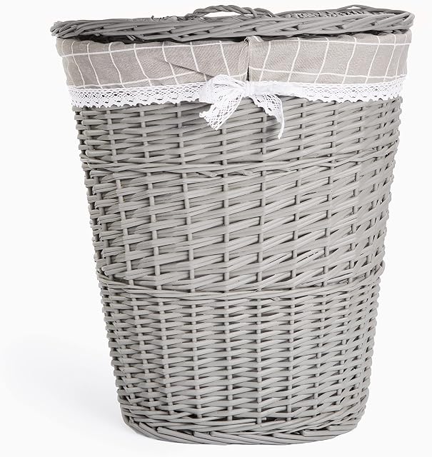 Grey Painted Oval Matt Wicker Laundry Basket Cotton Lining With Lid